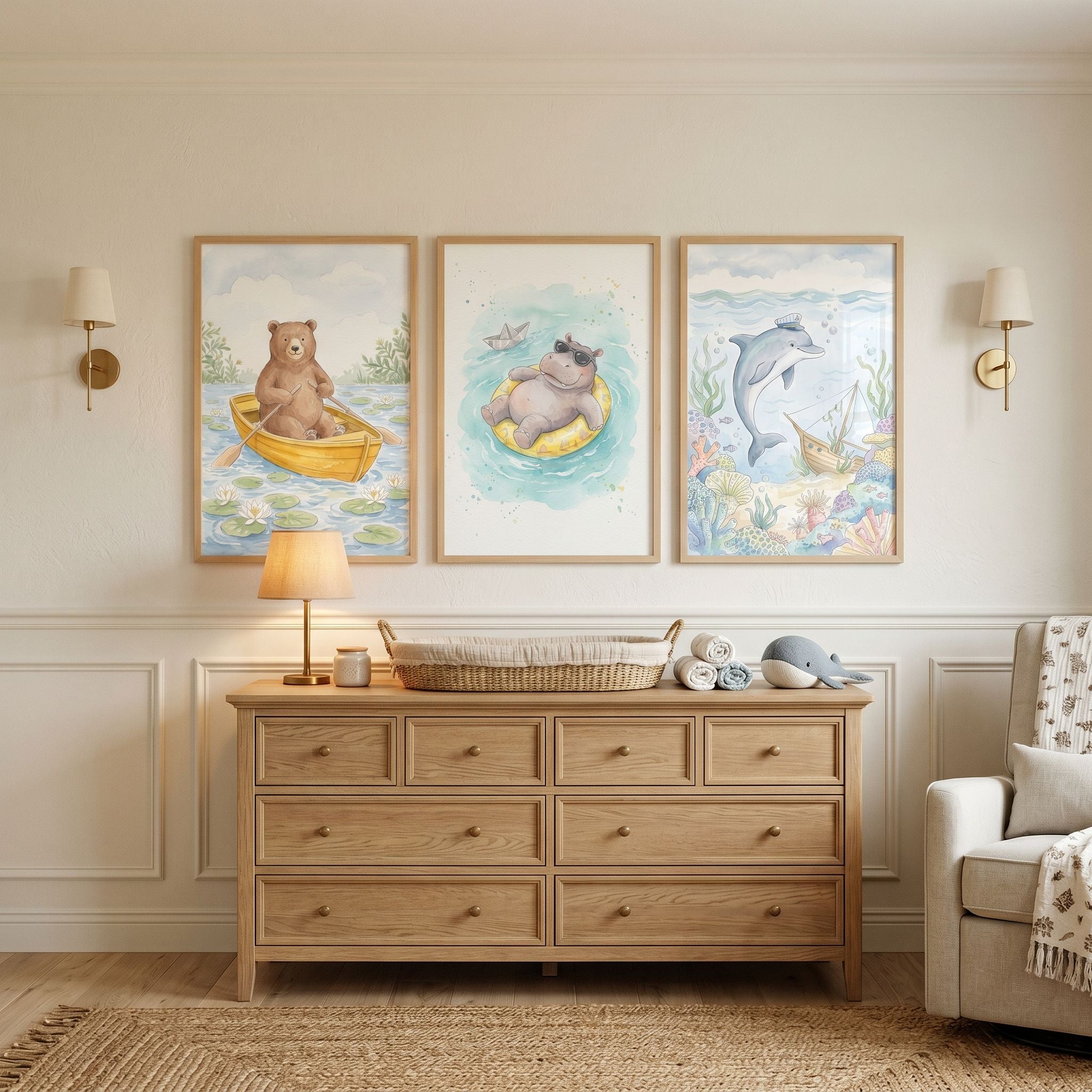 Whimsical Nautical Animal Wall Art Set of 3 - Whimsical Water Friends