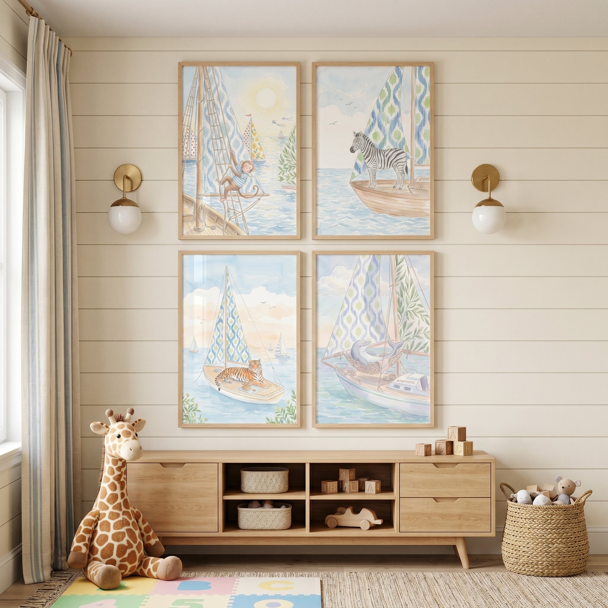 Whimsical Nautical Animal Wall Art Set of 4 - Wild Nautical Safari