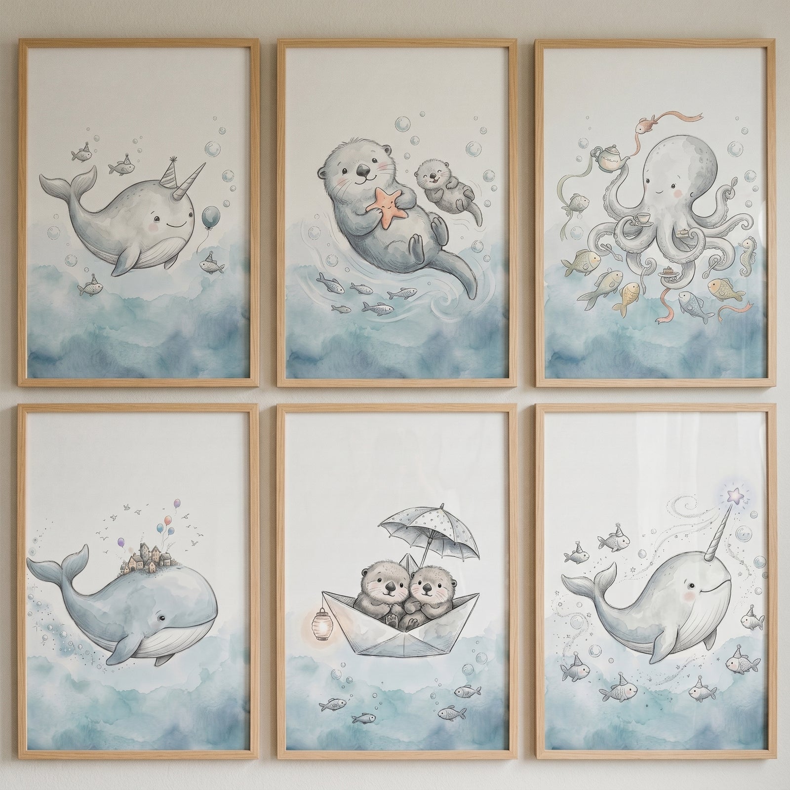 Whimsical nautical sea animal wall art set of 6 with narwhal, otter, octopus, and whale illustrations in light wood frames.
