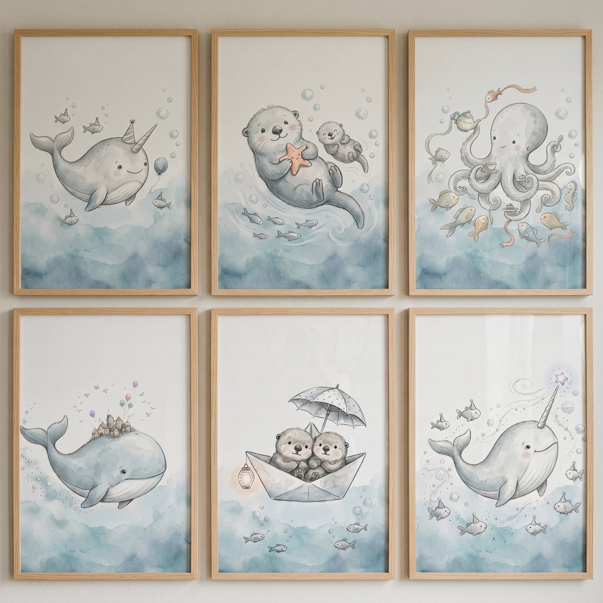 Whimsical Nautical Sea Animal Wall Art Set of 6 - Magical Ocean Dreams