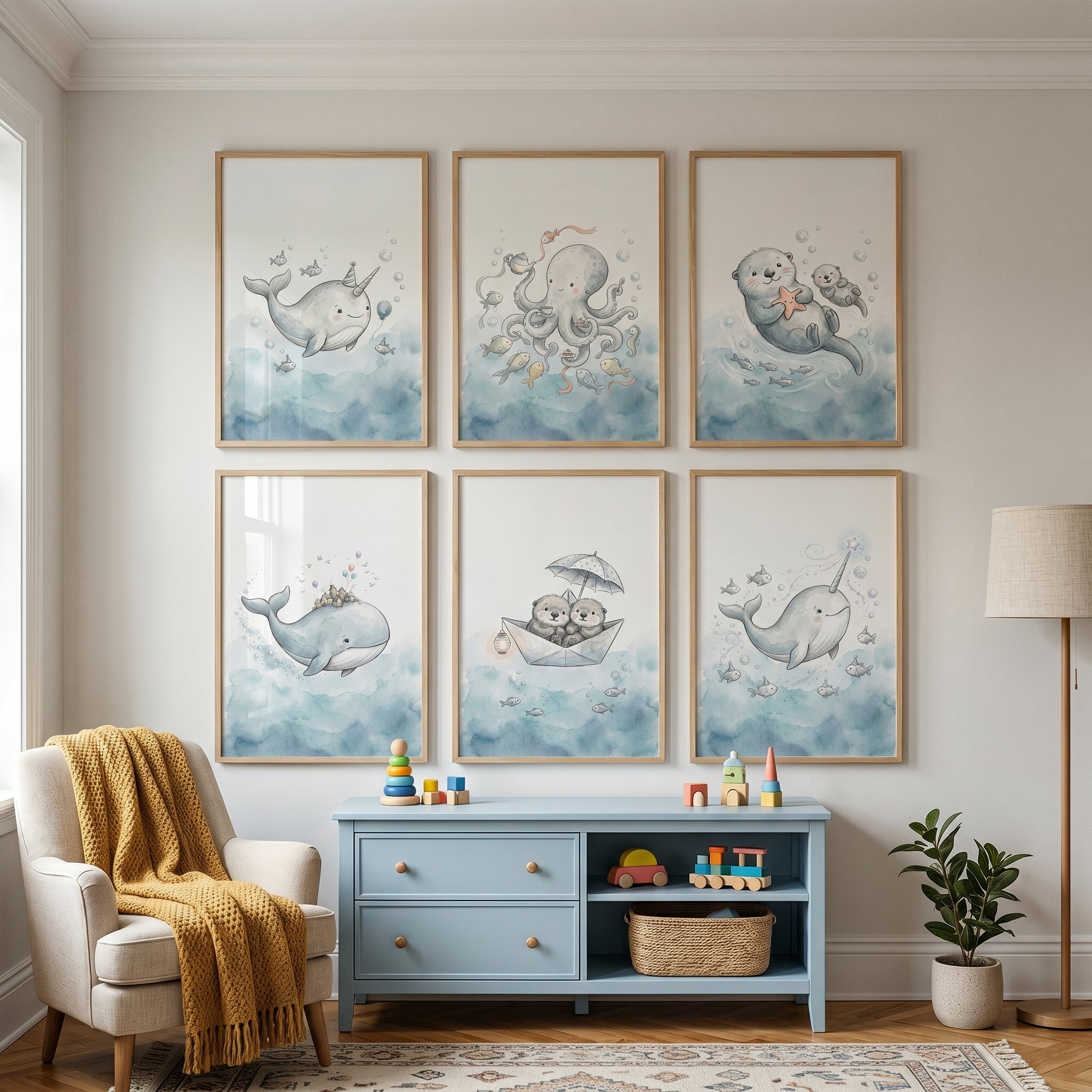 Whimsical Nautical Sea Animal Wall Art Set of 6 - Magical Ocean Dreams