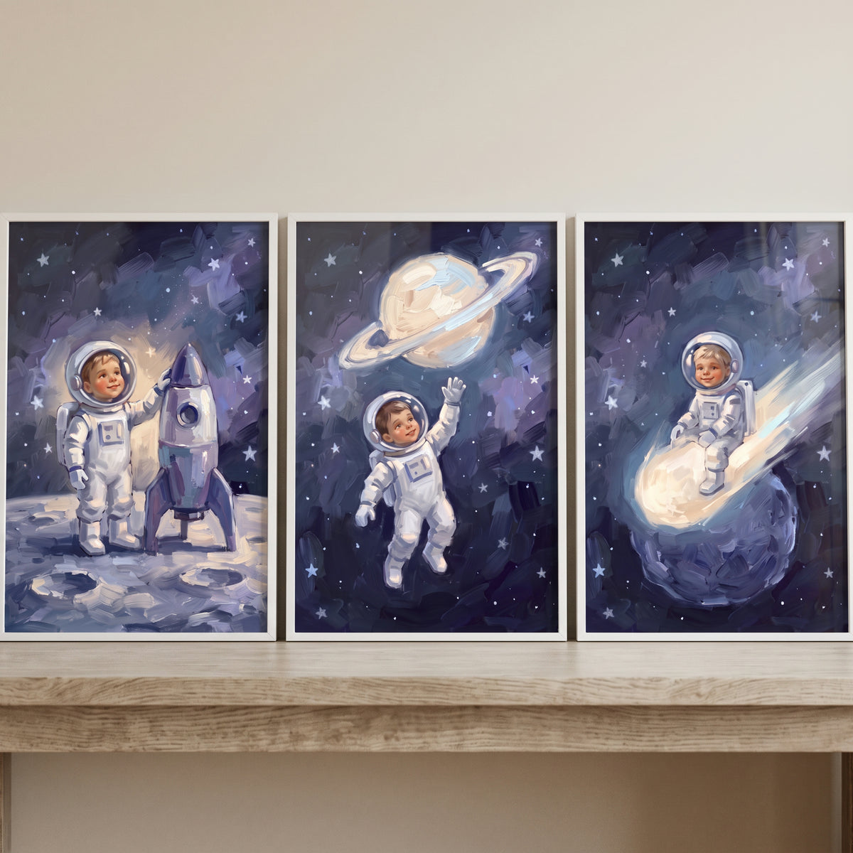Whimsical navy baby astronaut wall art set of 3 features a child exploring space with a rocket and stars.