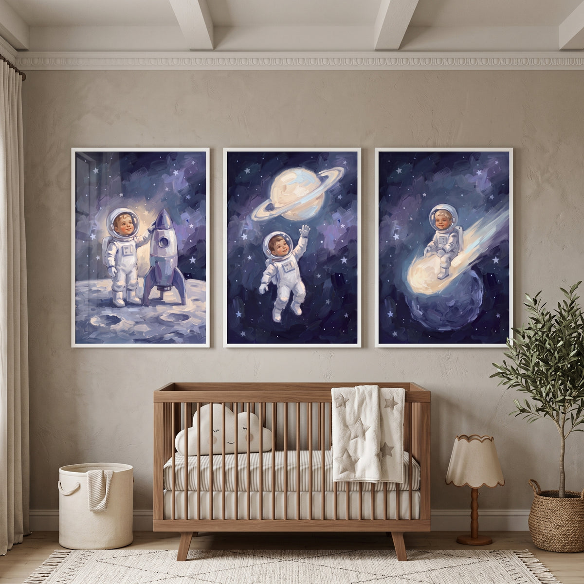 Whimsical Navy Baby Astronaut Wall Art Set of 3 - Little Star Explorer