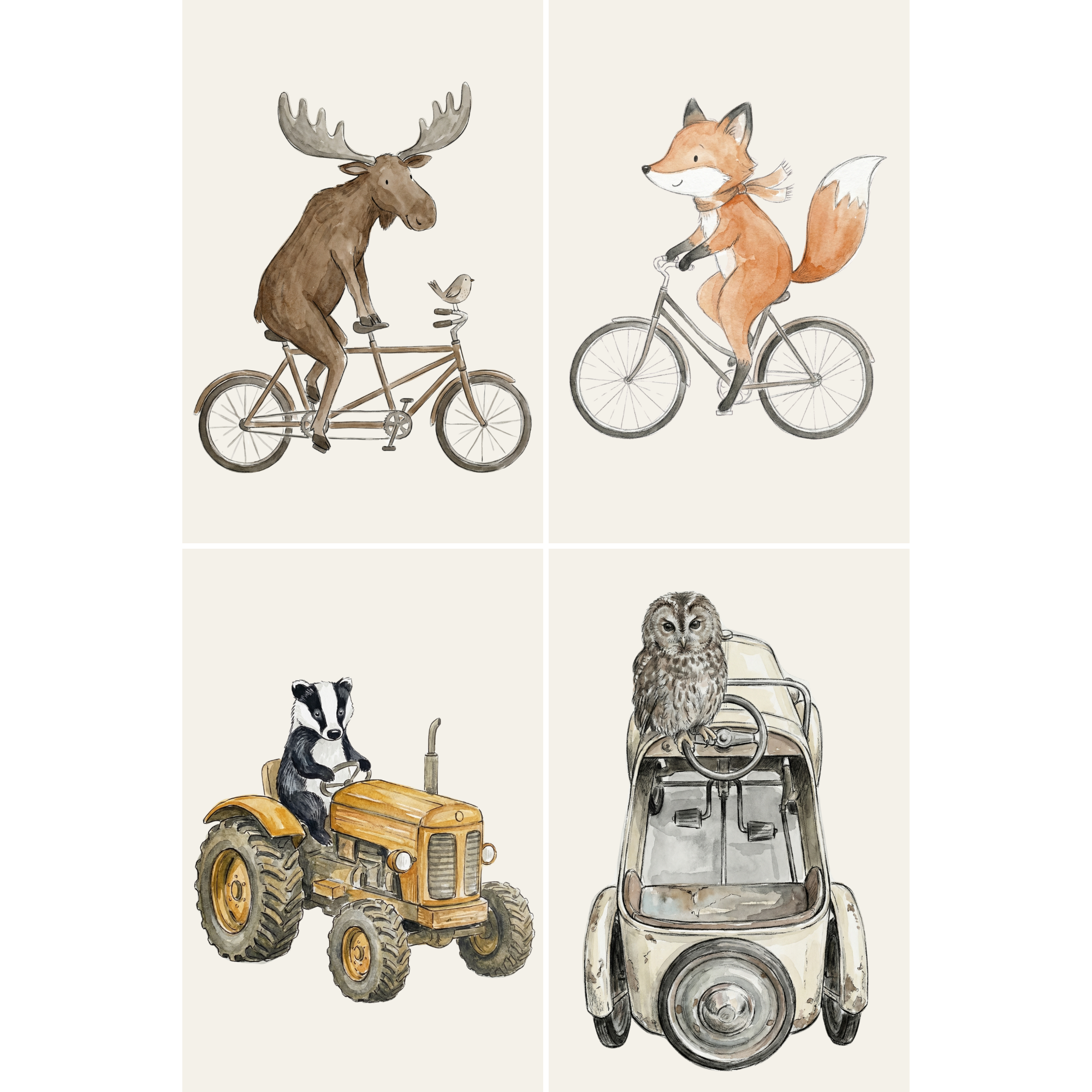 Whimsical Neutral Traveling Animal Wall Art Set of 4 - Whimsical Woodland Wheels