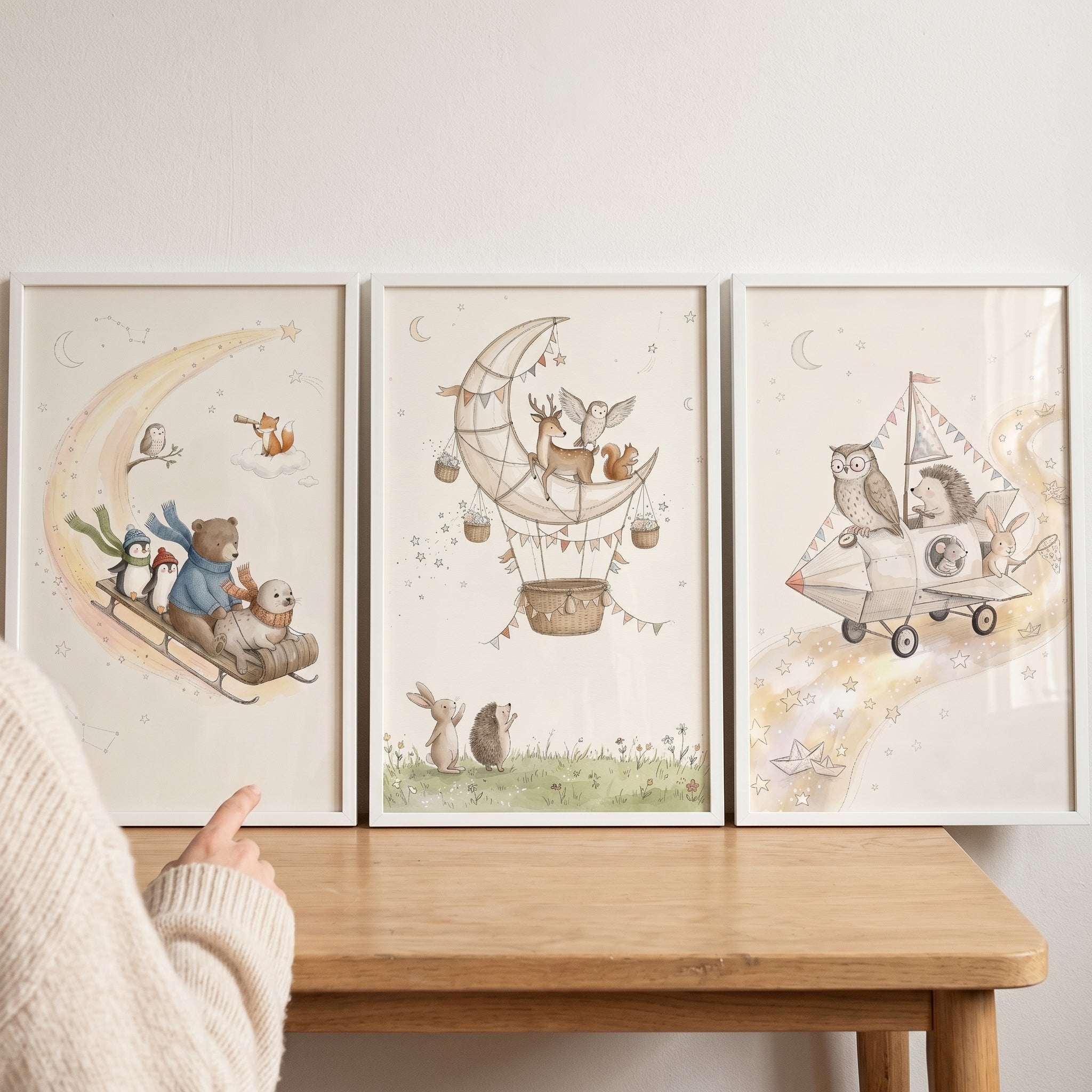 Whimsical Neutral Watercolor Animals Wall Art Set of 3 - Whimsical Animal Travels