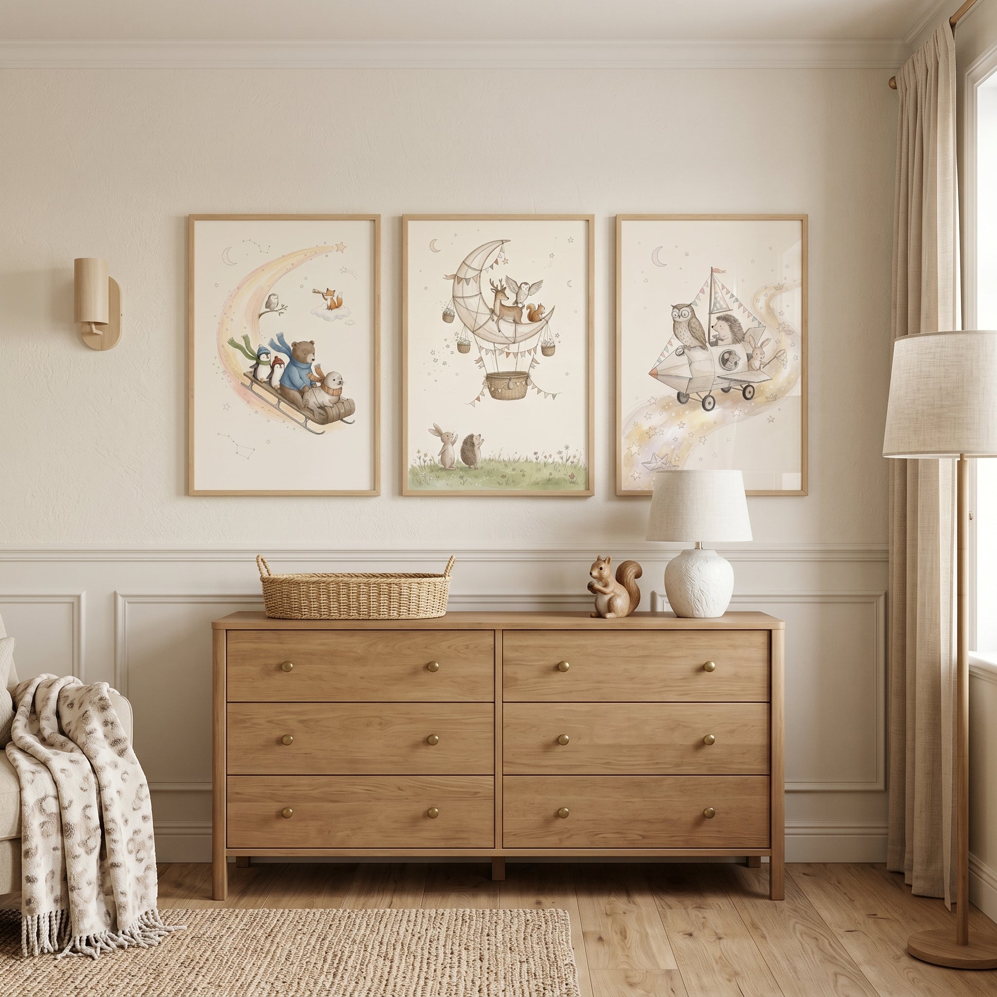 Whimsical Neutral Watercolor Animals Wall Art Set of 3 - Whimsical Animal Travels