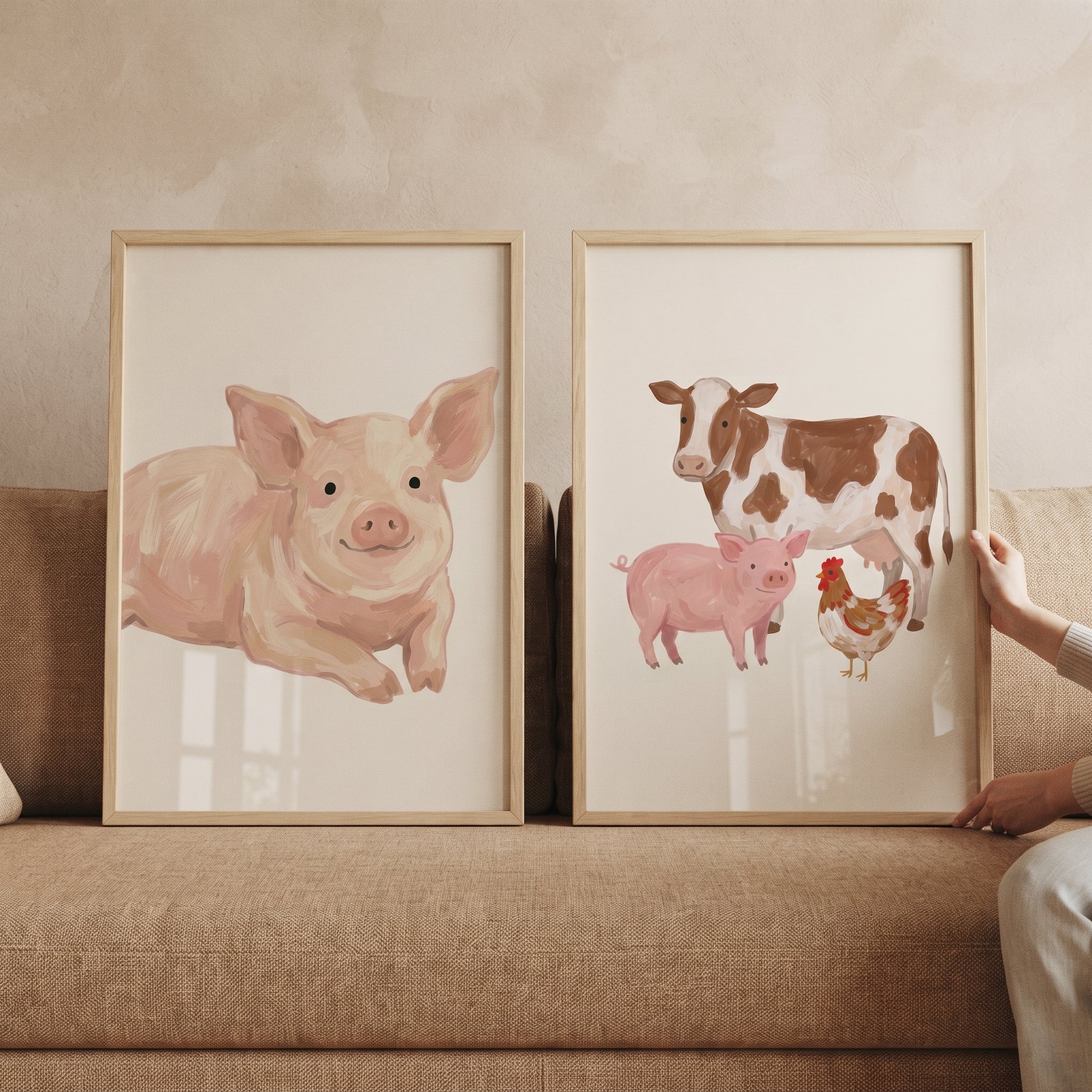 Whimsical Nursery Farm Animals Wall Art Set of 2 - Sweet Barnyard Buddies
