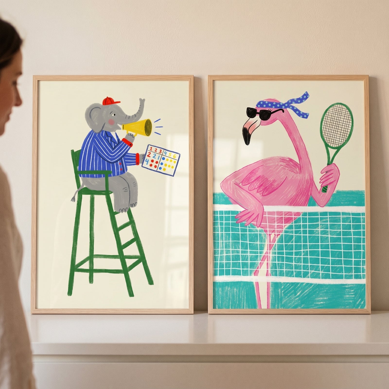 Whimsical nursery tennis animal wall art set of 2 featuring a referee elephant and a flamingo tennis player.