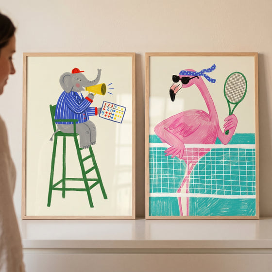 Whimsical nursery tennis animal wall art set of 2 featuring a referee elephant and a flamingo tennis player.