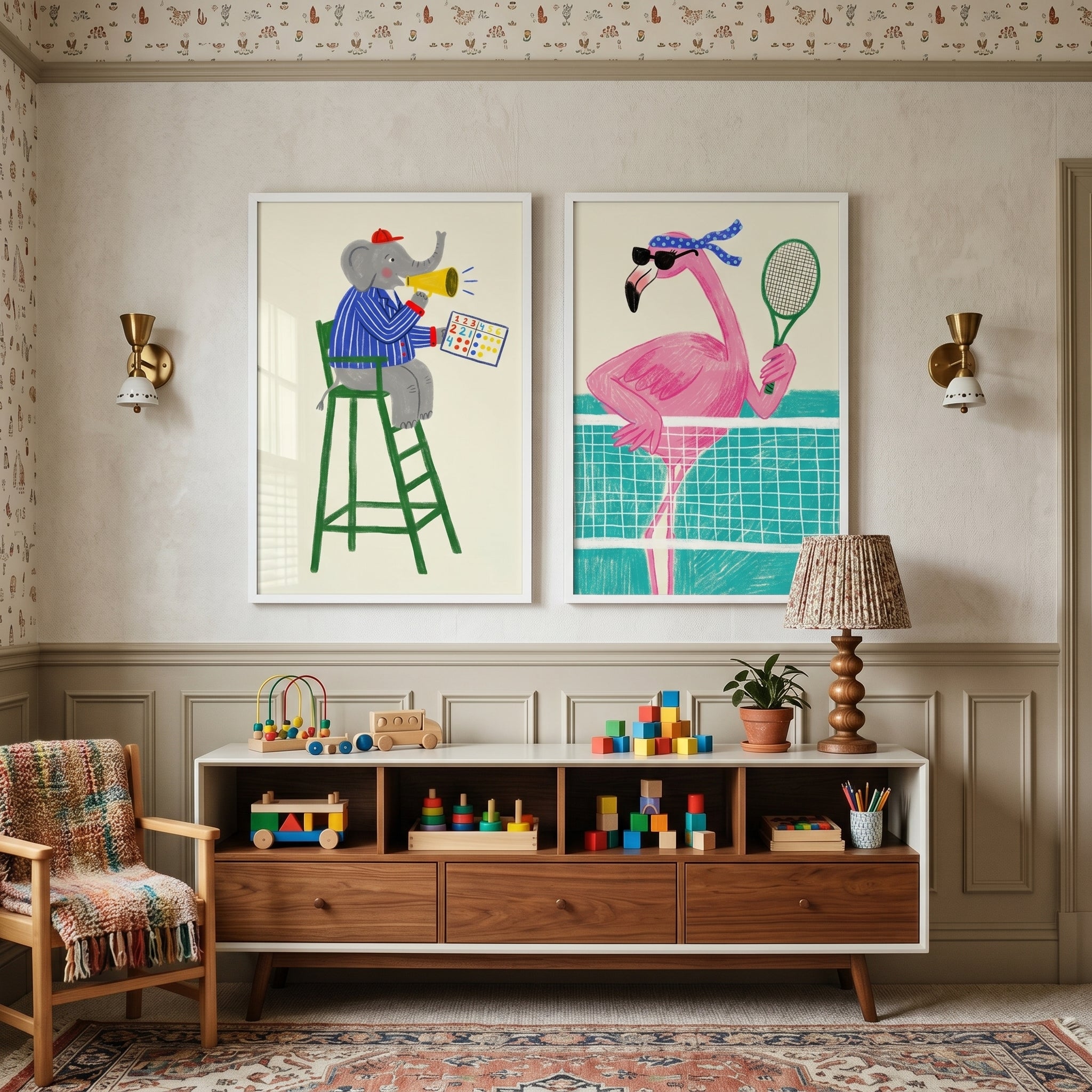 Whimsical Nursery Tennis Animal Wall Art Set of 2 - Court Side Pals
