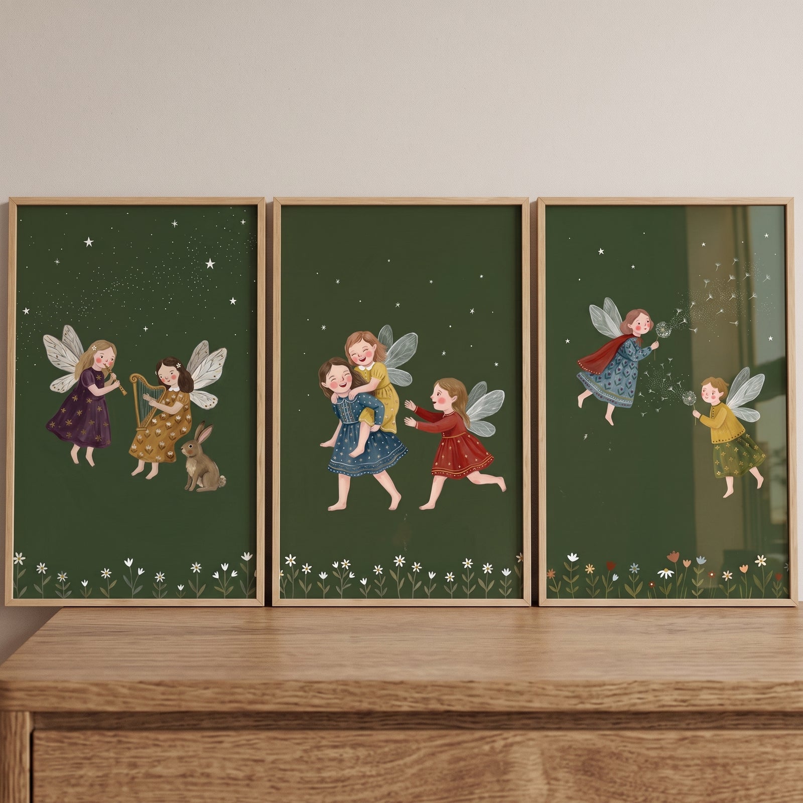 Whimsical olive green fairies wall art set of 3 features illustrated figures playing and flying in light wood frames.