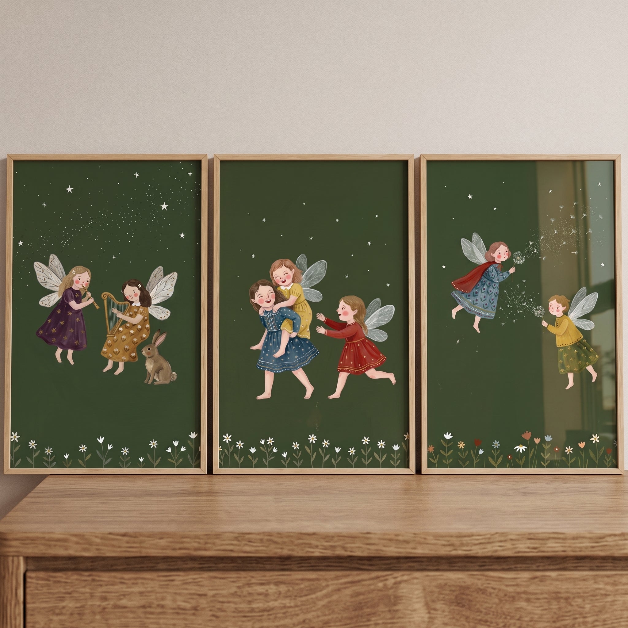 Whimsical Olive Green Fairies Wall Art Set of 3 - Midnight Forest Magic