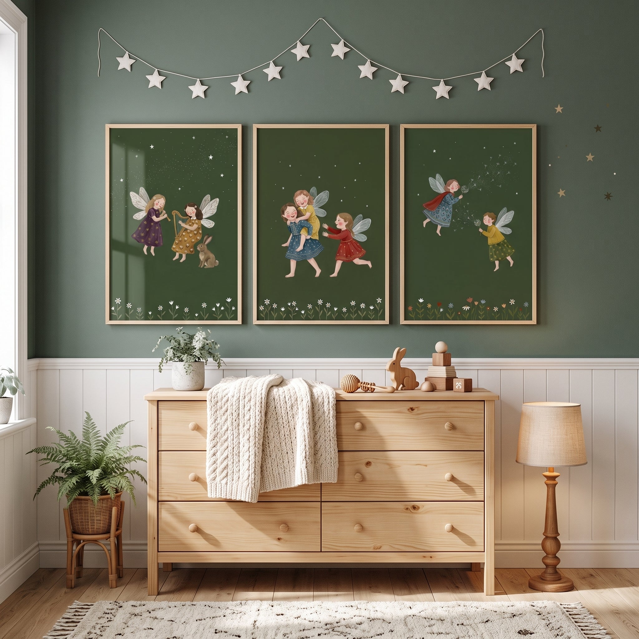 Whimsical Olive Green Fairies Wall Art Set of 3 - Midnight Forest Magic