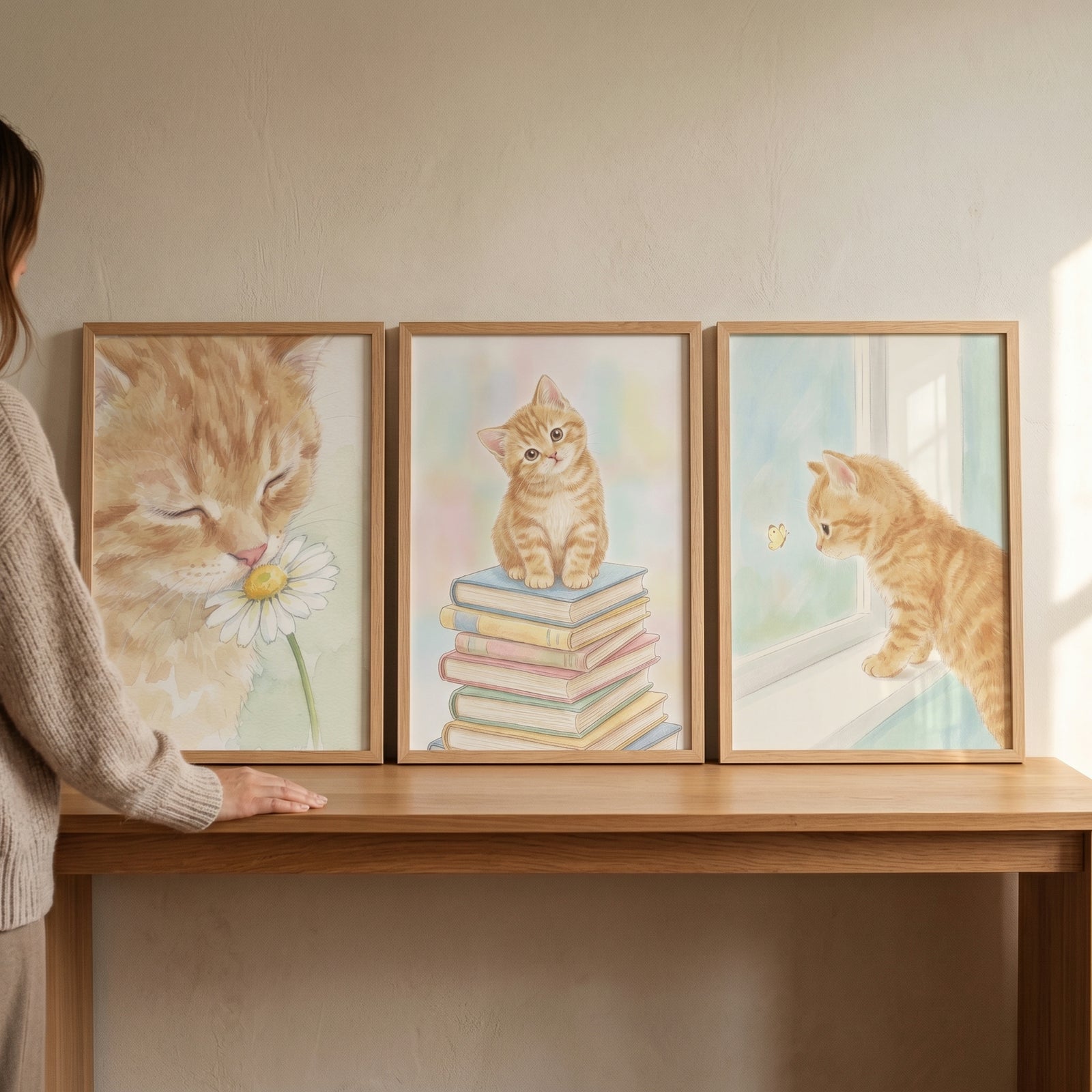 Whimsical orange tabby kitten wall art set of 3 in wood frames showing a kitten with a daisy, books, and window.