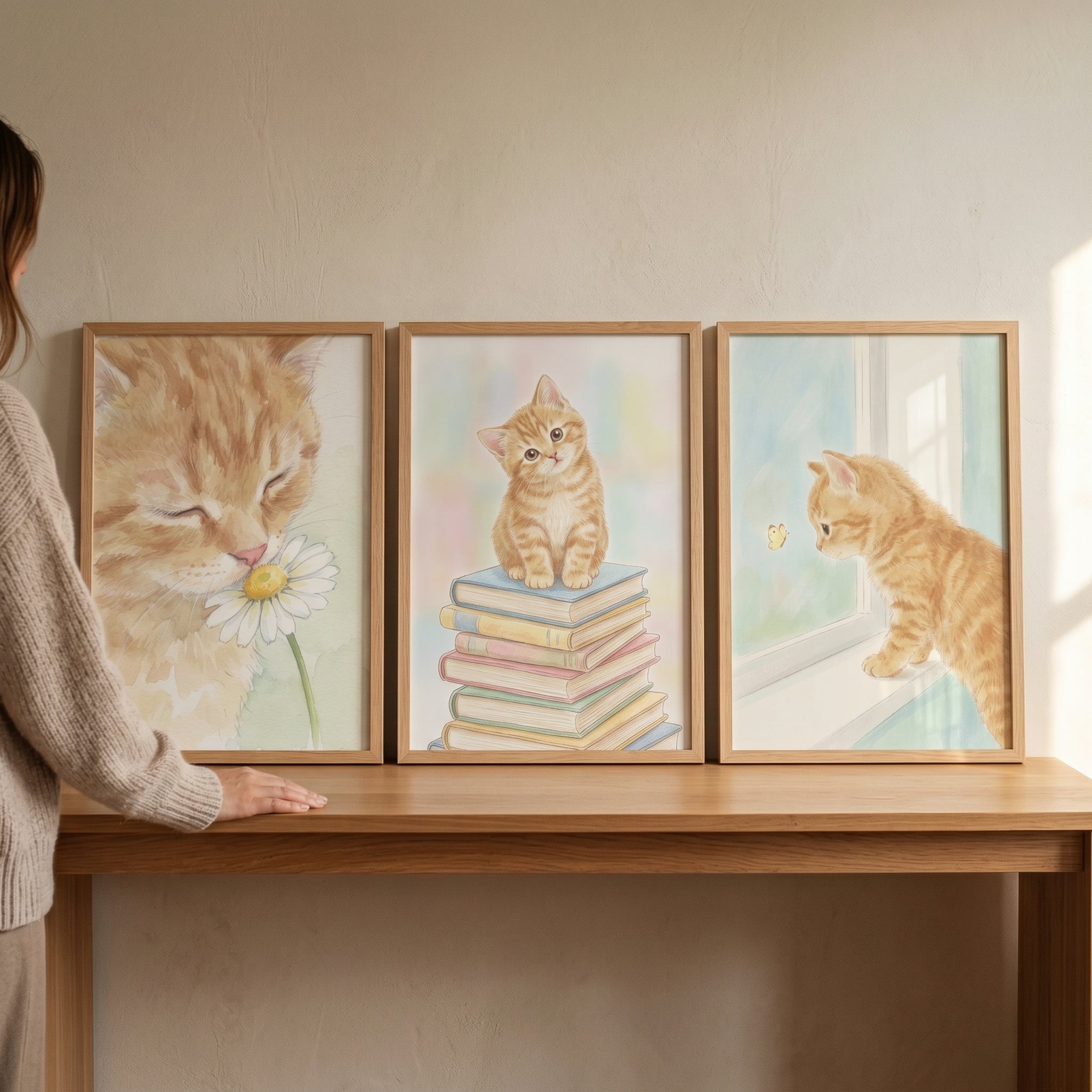 Whimsical Orange Tabby Kitten Wall Art Set of 3 - Sweet Tabby Moments
