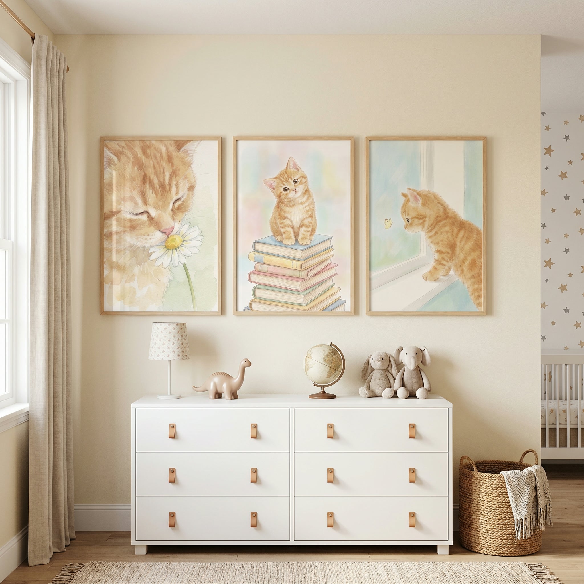 Whimsical Orange Tabby Kitten Wall Art Set of 3 - Sweet Tabby Moments