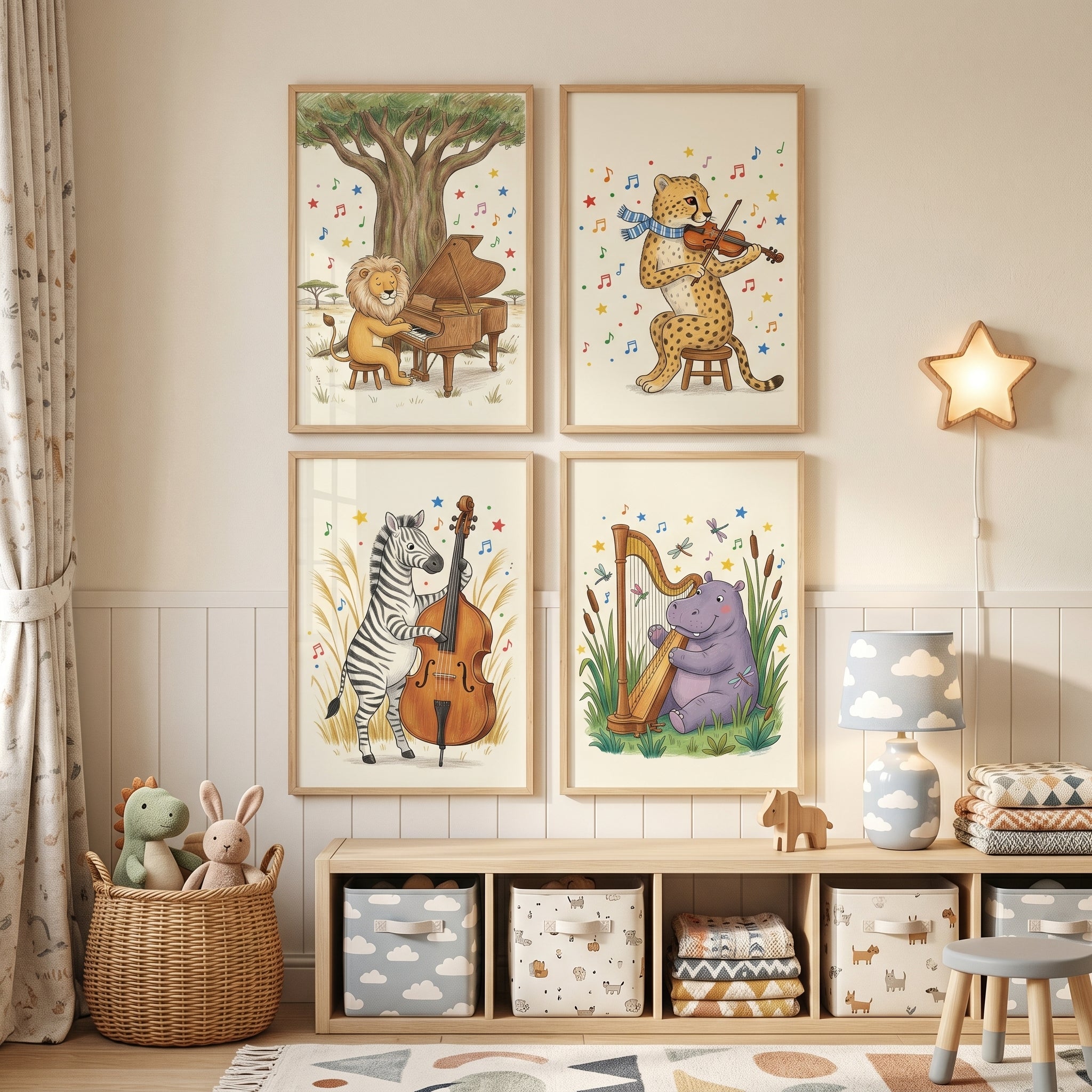 Whimsical Orchestral Savanna Animals Wall Art Set Of 4 - Savannah Symphony