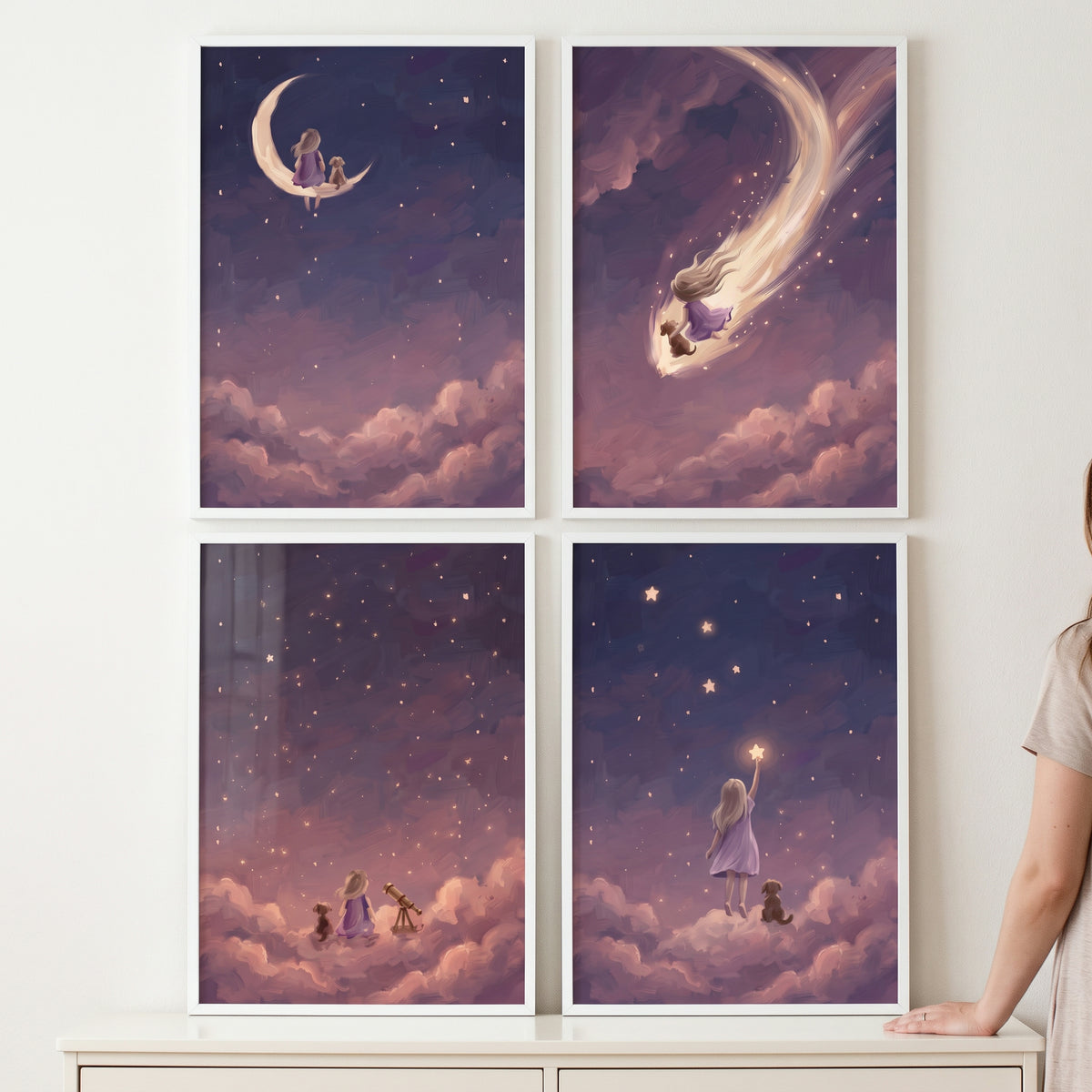 Whimsical orchid girl dog wall art set of 4 shows a girl and pet in a purple sky with a moon, shooting star, and telescope.