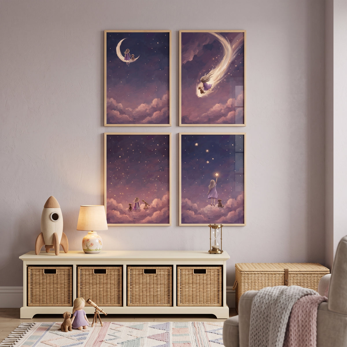 Whimsical Orchid Girl Dog Wall Art Set of 4 - Celestial Moon Adventure