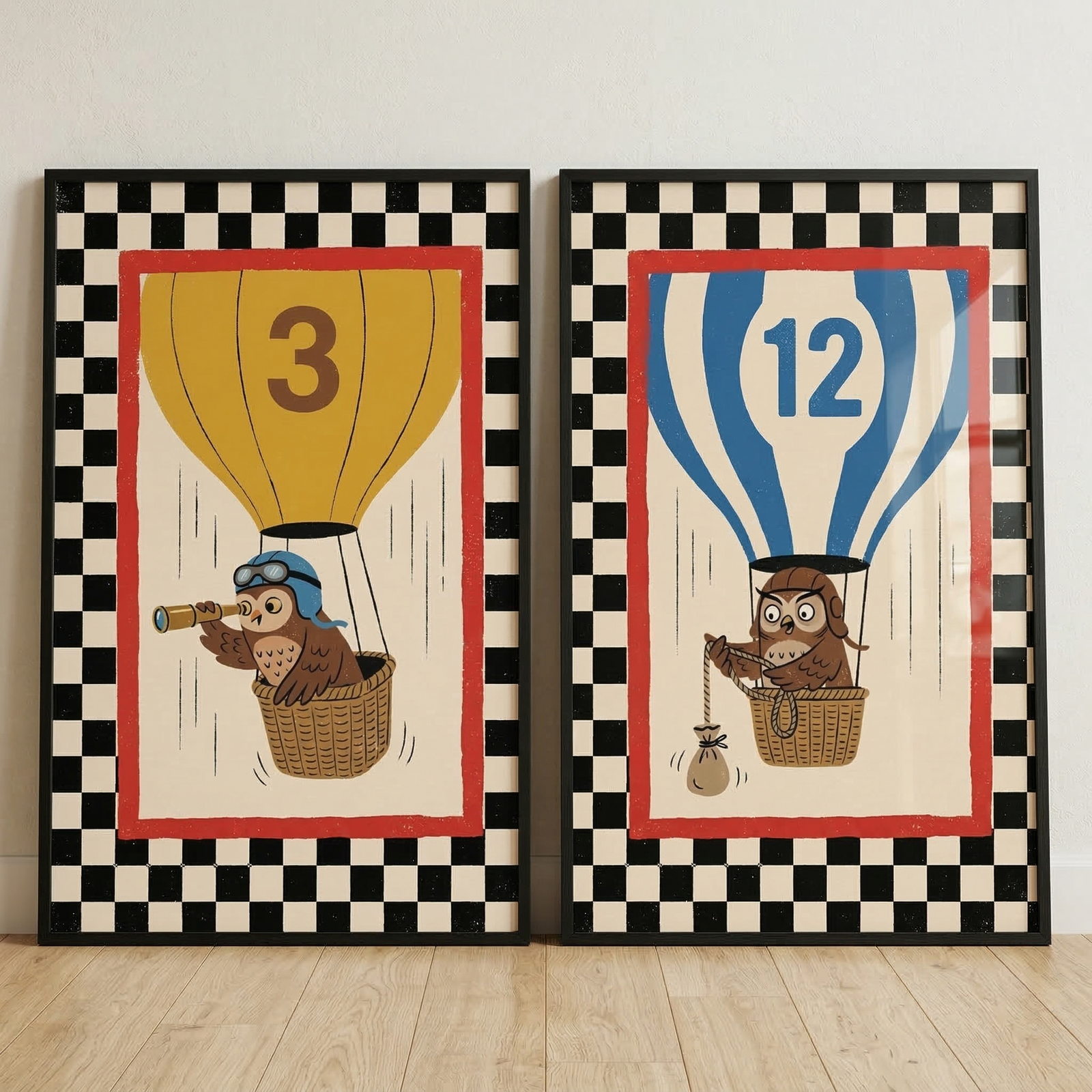 Two rectangular framed prints hang side by side on an off-white wall above a light wood floor. Each illustration features a whimsical scene enclosed in a red border and a wide black-and-white checkered outer border. Both scenes are set against a cream background with vertical lines suggesting movement.


