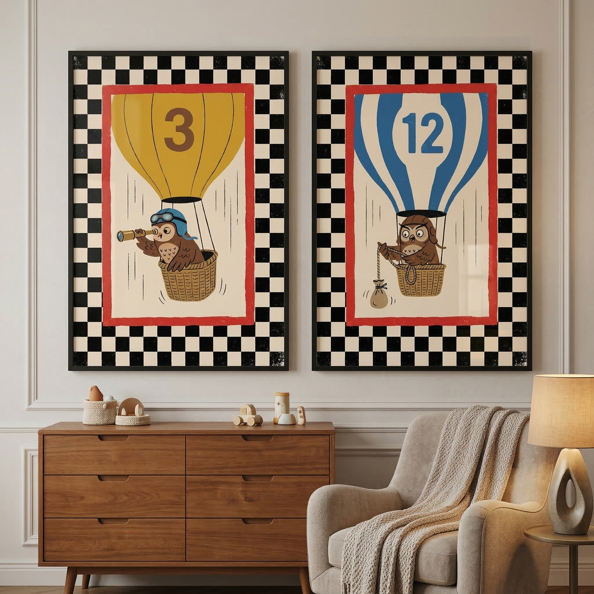 Whimsical Owl Pilot Wall Art Set of 2 - Owl Balloon Race