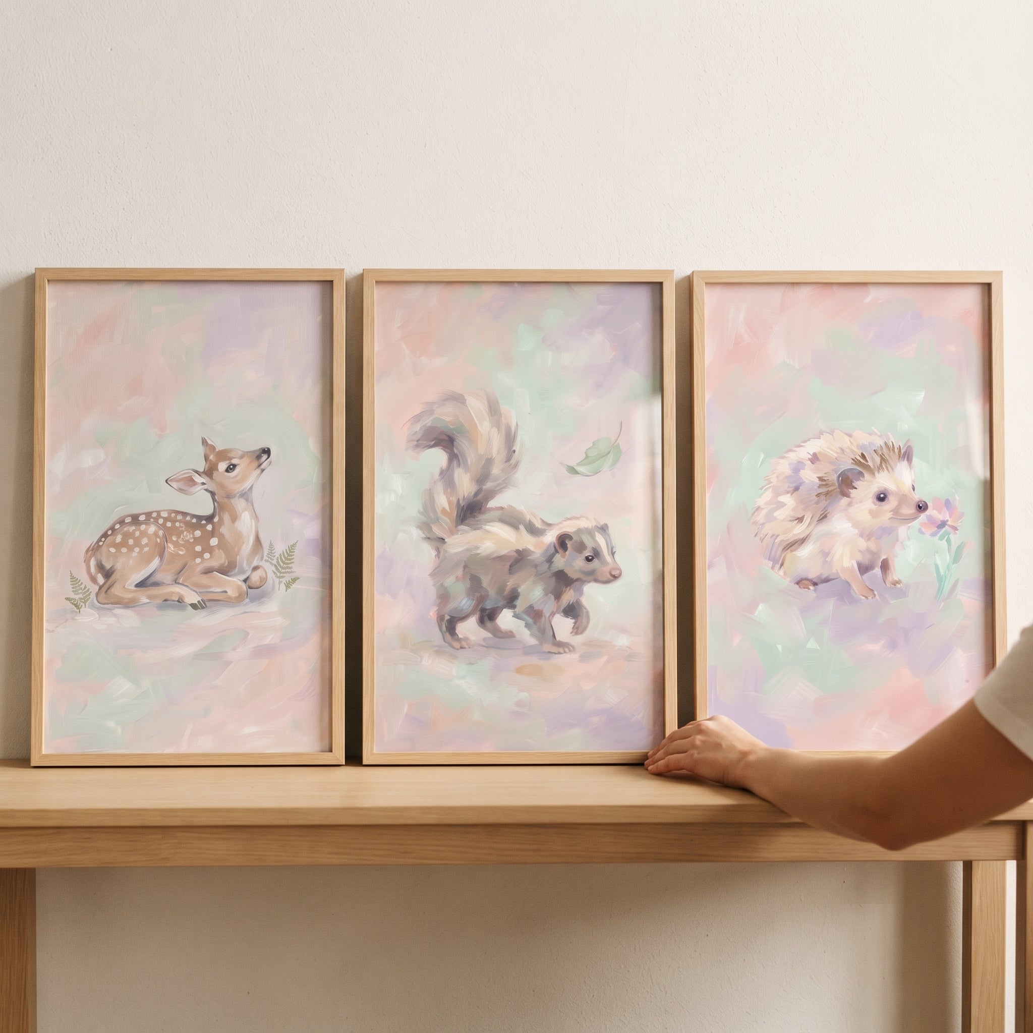 Whimsical Painterly Woodland Animal Wall Art Set of 3 - Pastel Woodland Friends