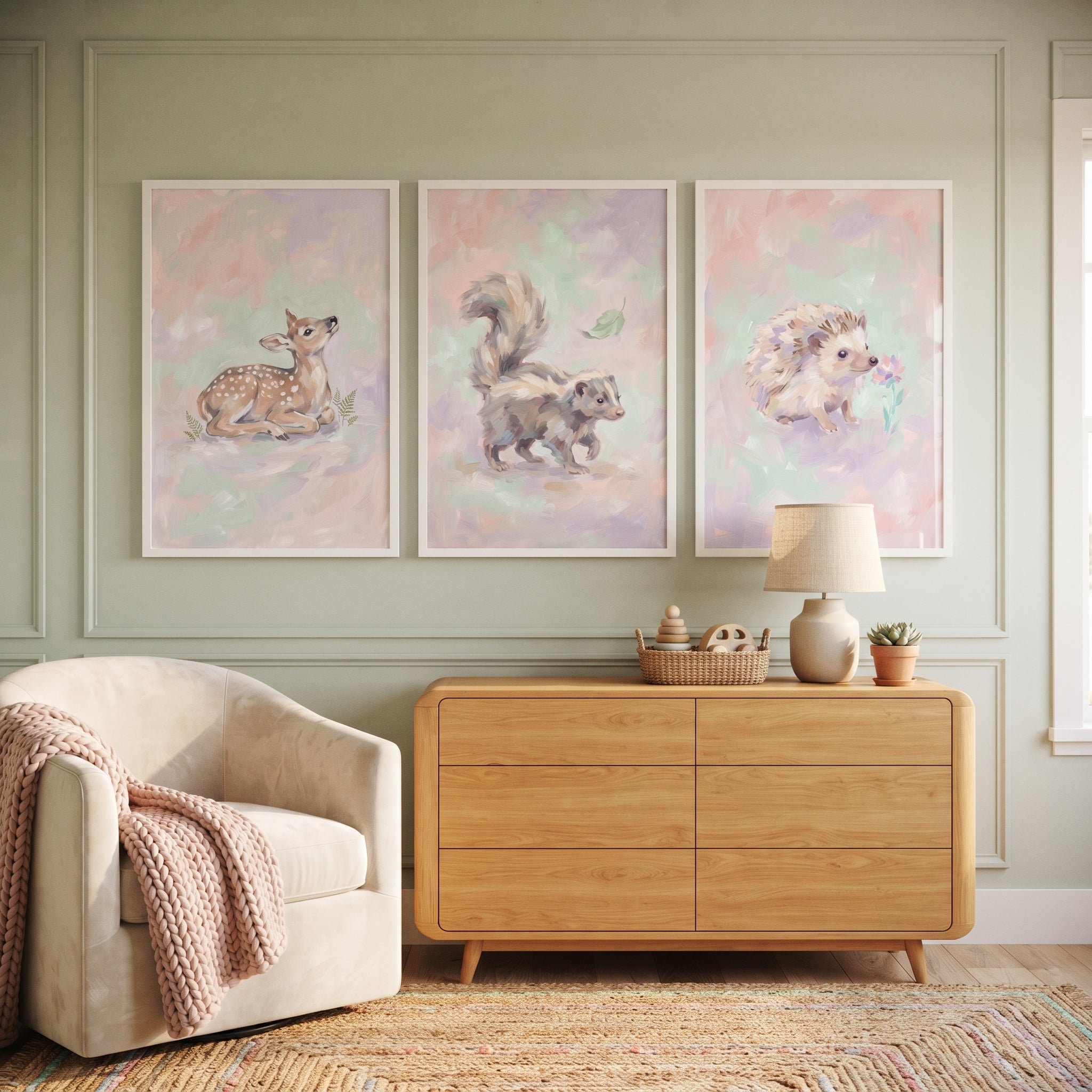 Whimsical Painterly Woodland Animal Wall Art Set of 3 - Pastel Woodland Friends