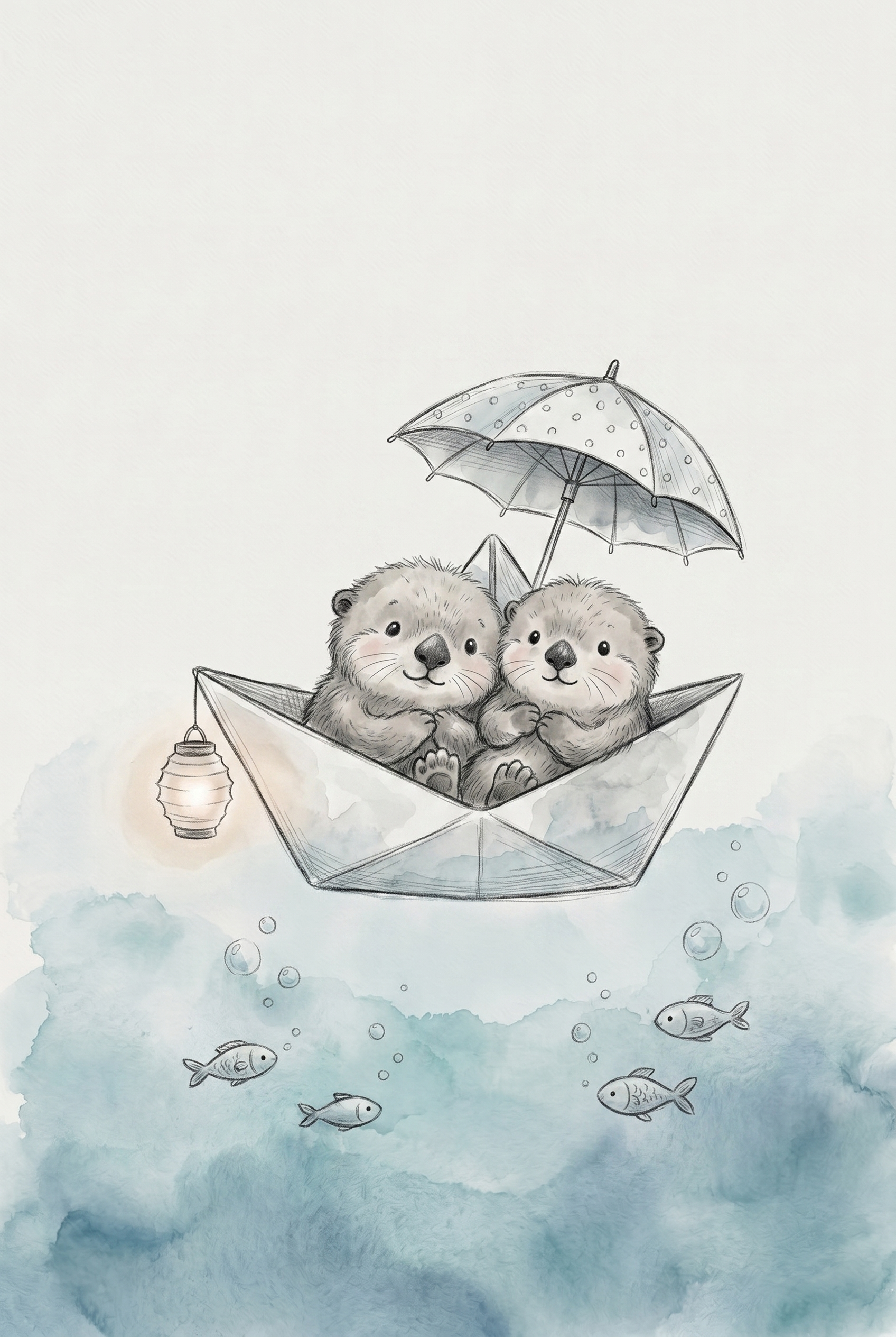Whimsical Paper Boat Otters Wall Art - Paper Boat Voyage
