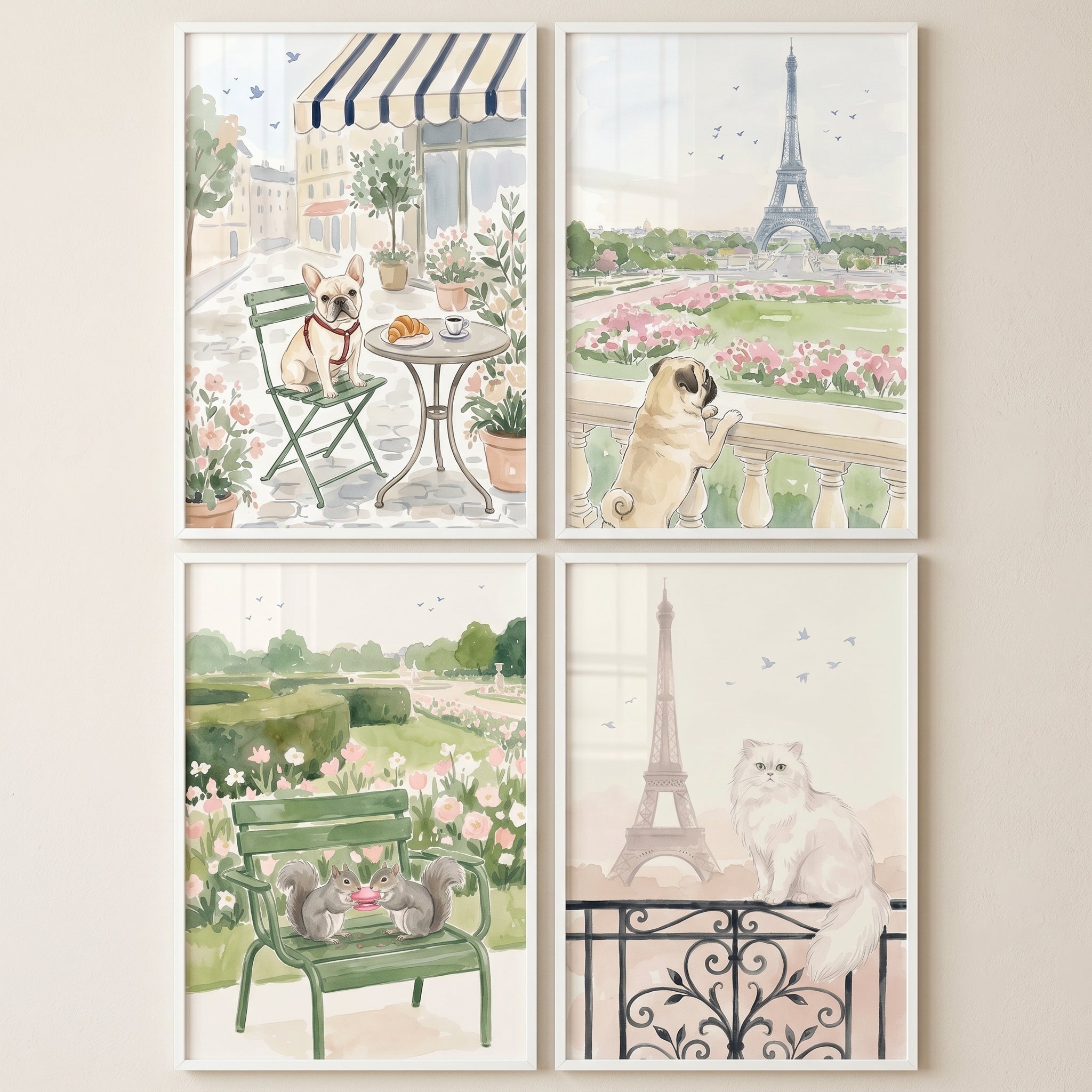 Whimsical Paris Animal Wall Art Set of 4 - Parisian Pet Adventures