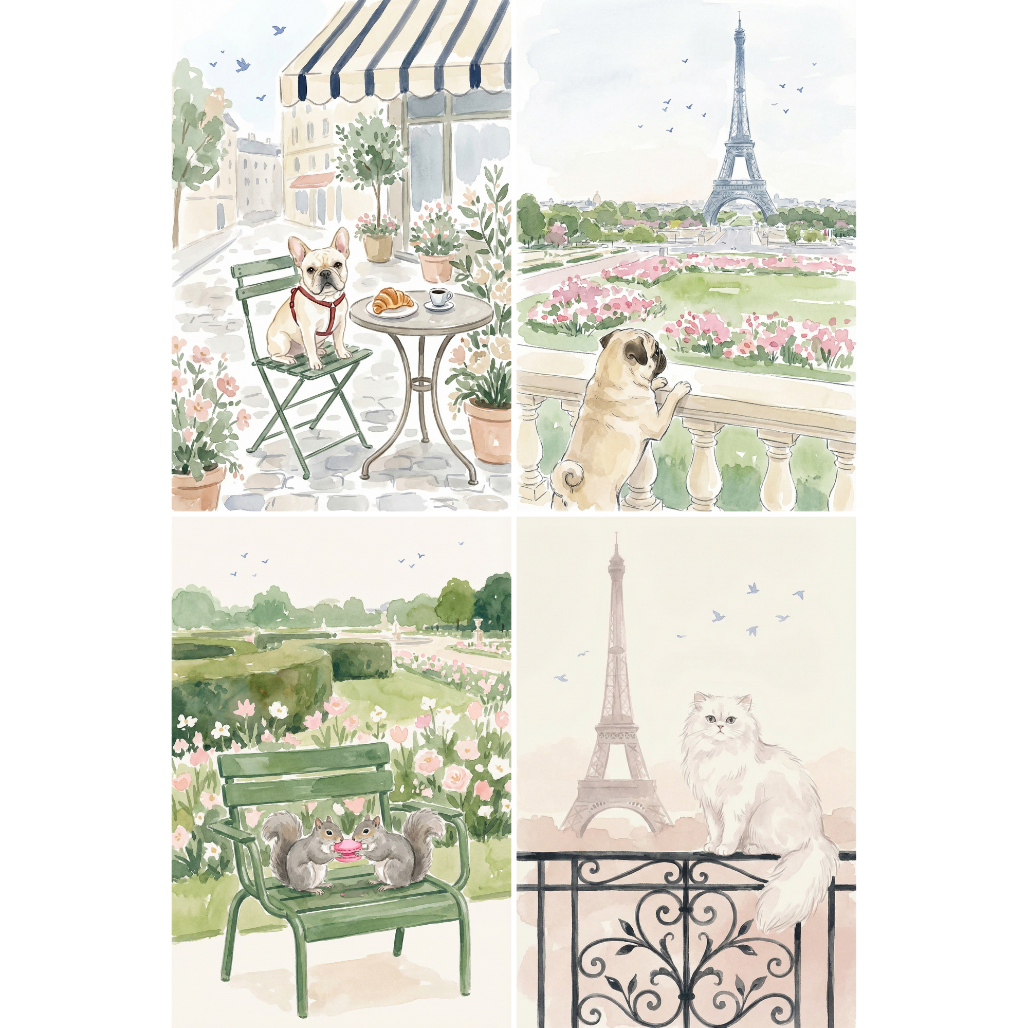 Whimsical Paris Animal Wall Art Set of 4 - Parisian Pet Adventures