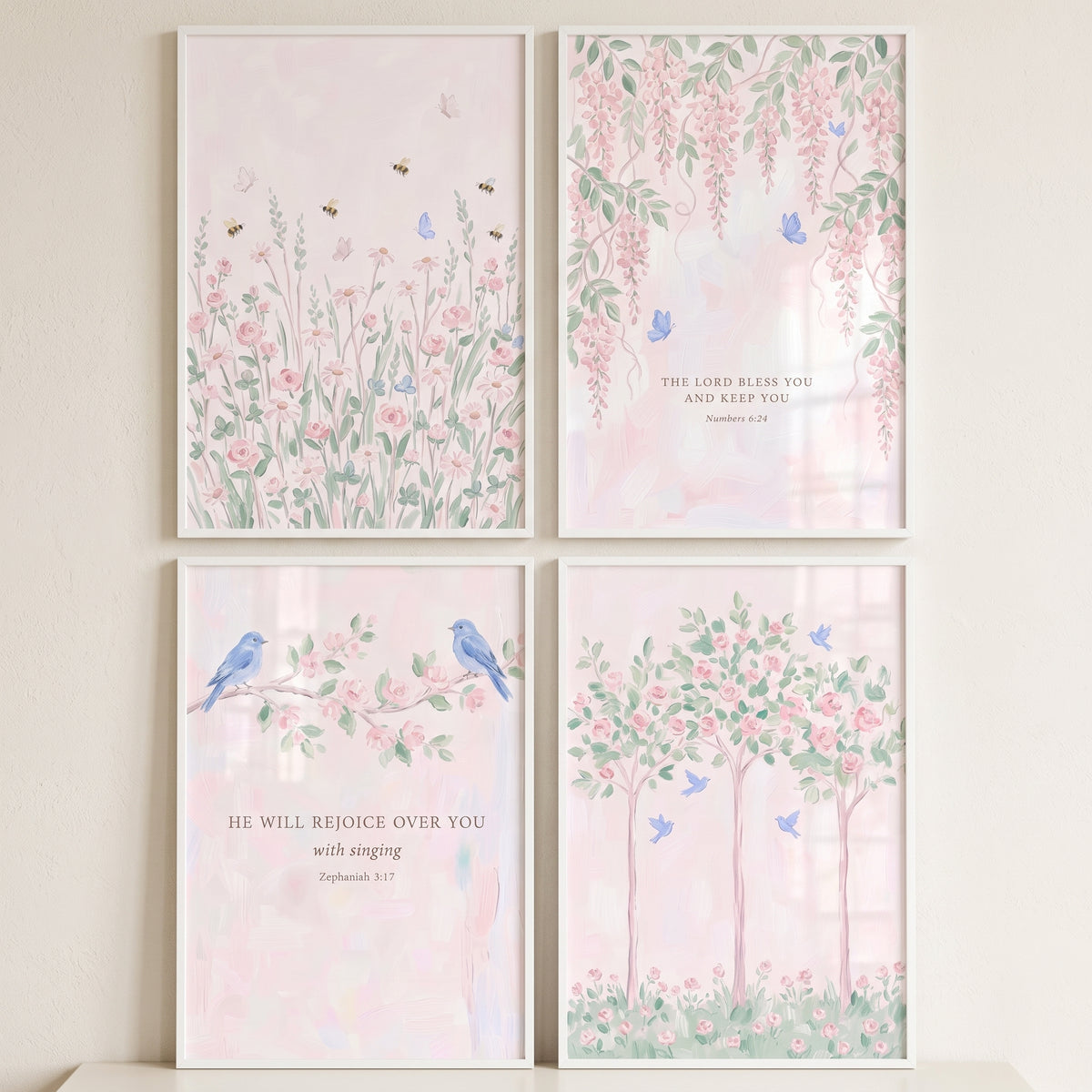Whimsical pastel floral garden wall art set of 4 featuring birds, flowers, and scripture on light pink backgrounds.