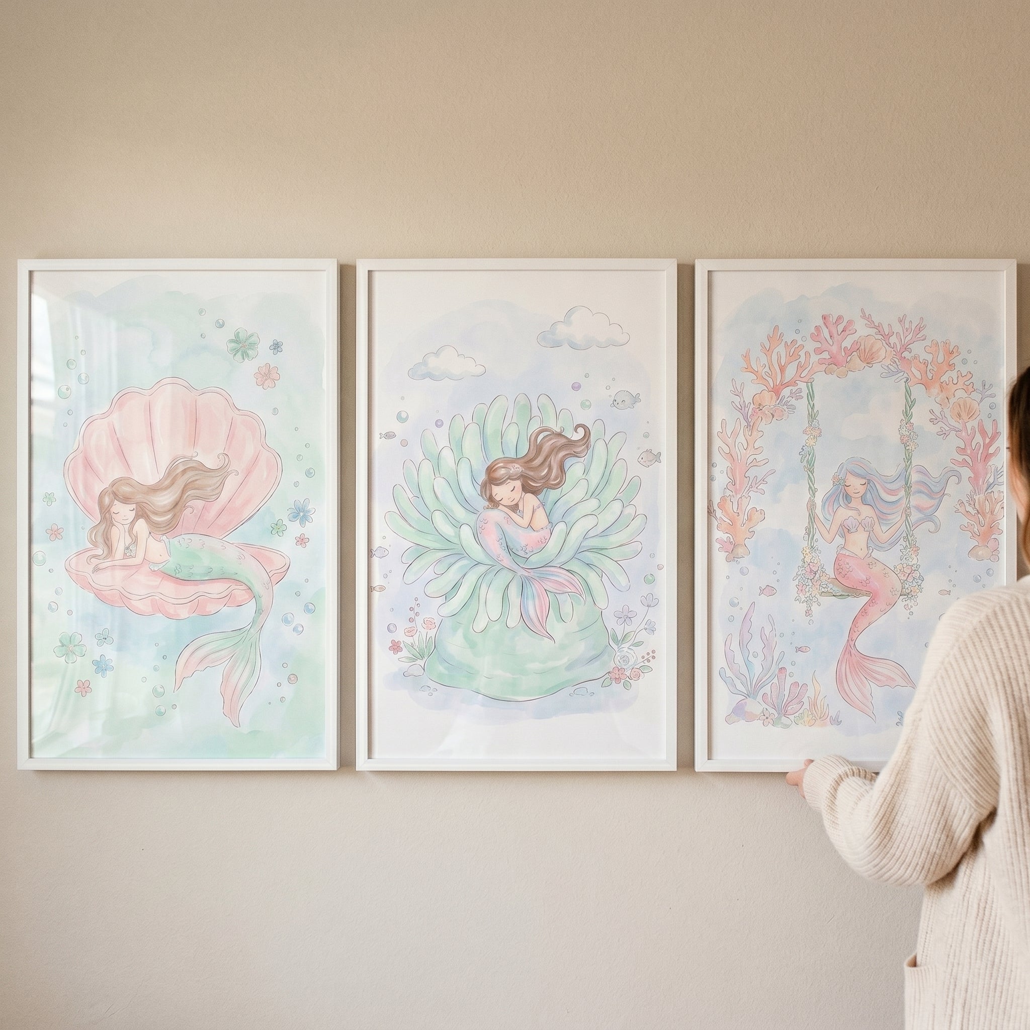 Whimsical Pastel Mermaid Wall Art Set of 3 - Pastel Mermaid Dreams