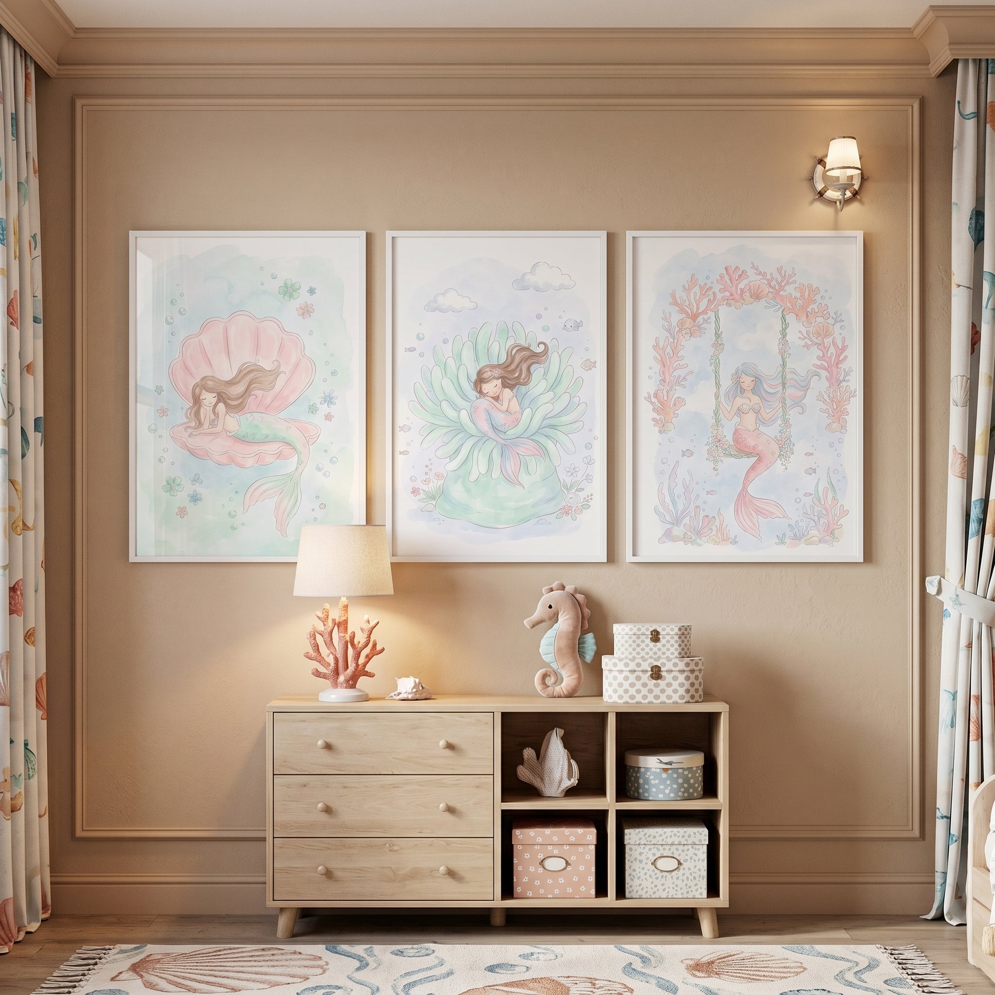 Whimsical Pastel Mermaid Wall Art Set of 3 - Pastel Mermaid Dreams