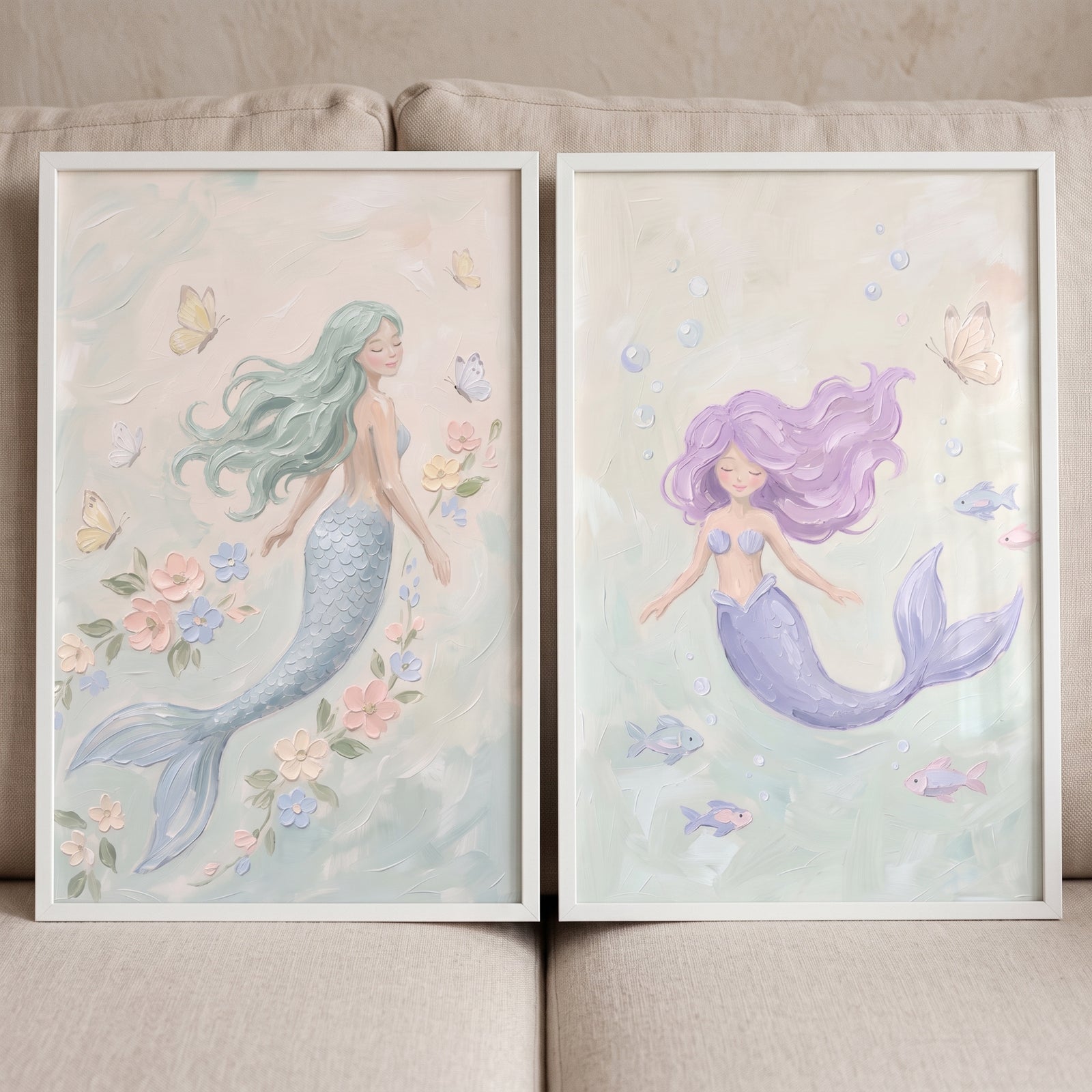 Whimsical pastel ocean mermaid wall art set of 2 featuring mermaids with flowers, butterflies, and fish in white frames.