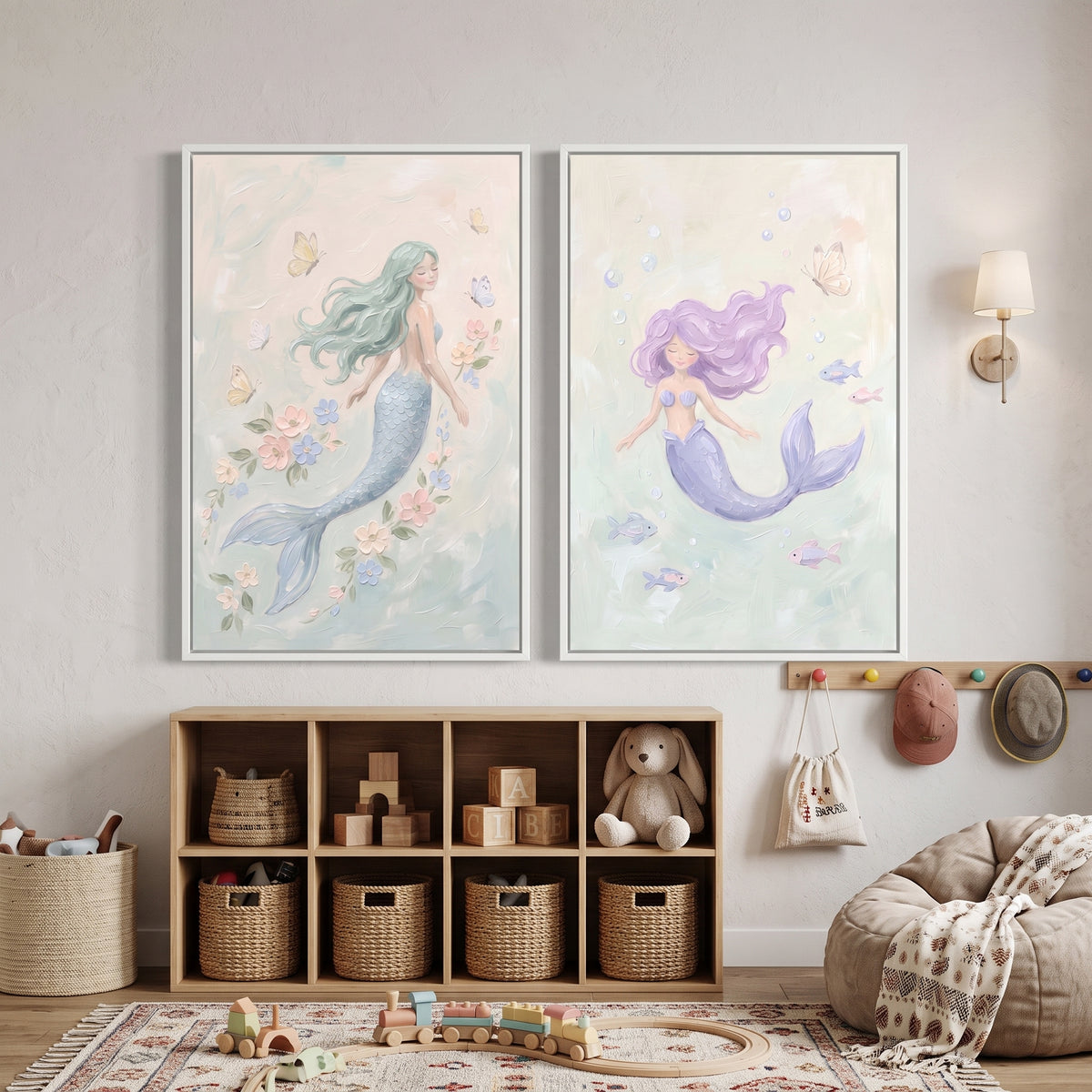 Whimsical Pastel Ocean Mermaid Wall Art Set of 2 - Whimsical Mermaid Duo
