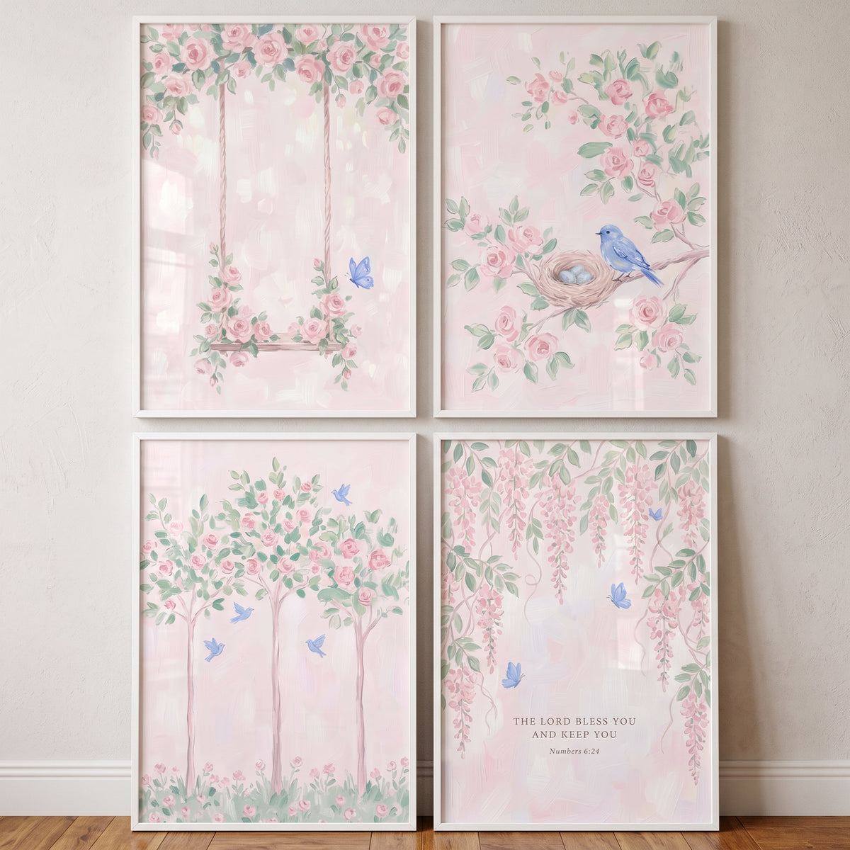 Whimsical pastel rose garden wall art set of 4 featuring a floral swing, nesting birds, and blooming rose trees.