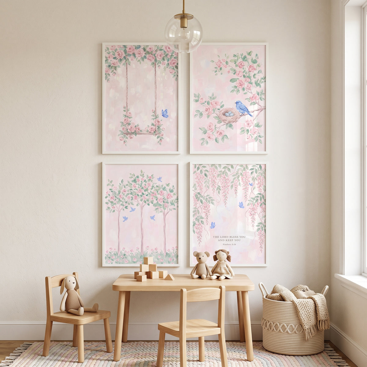 Whimsical Pastel Rose Garden Wall Art Set of 4 - Serene Rose Sanctuary