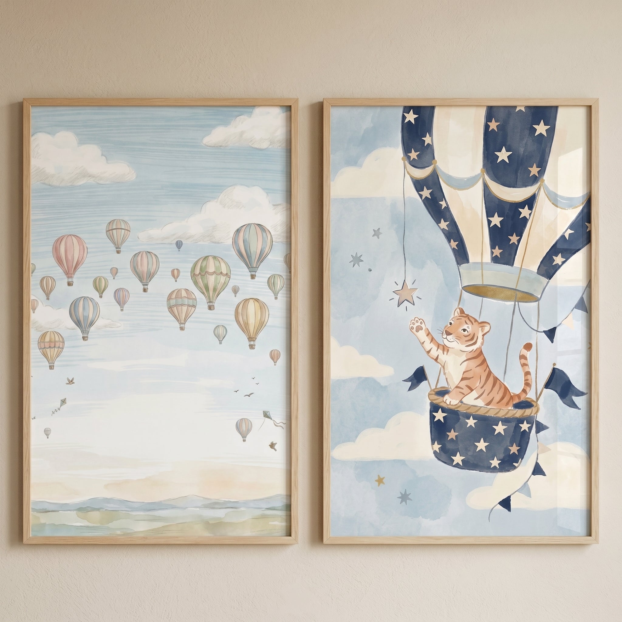 Whimsical Pastel Sky Balloon Wall Art Set of 2 - Tiger Sky Voyage