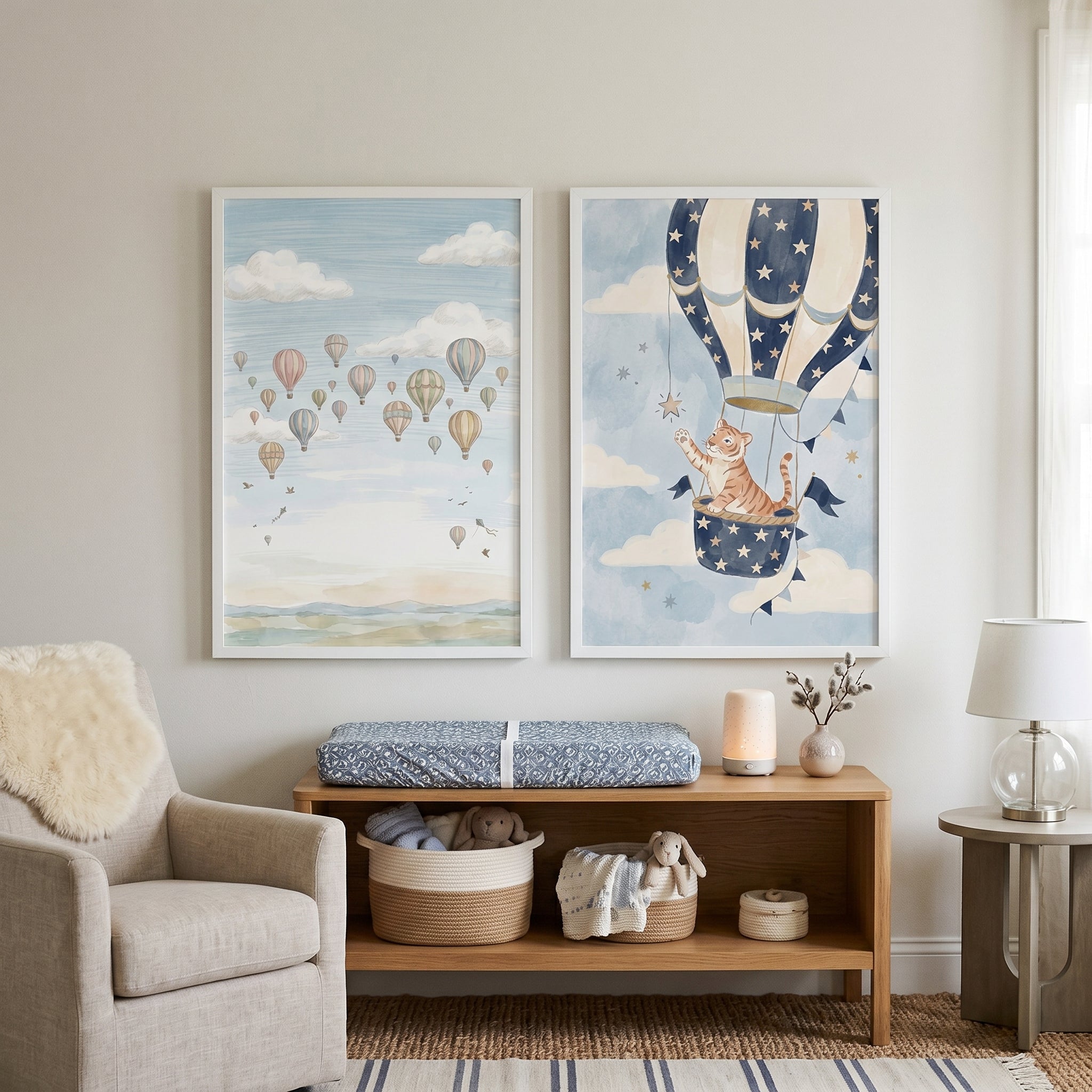 Whimsical Pastel Sky Balloon Wall Art Set of 2 - Tiger Sky Voyage