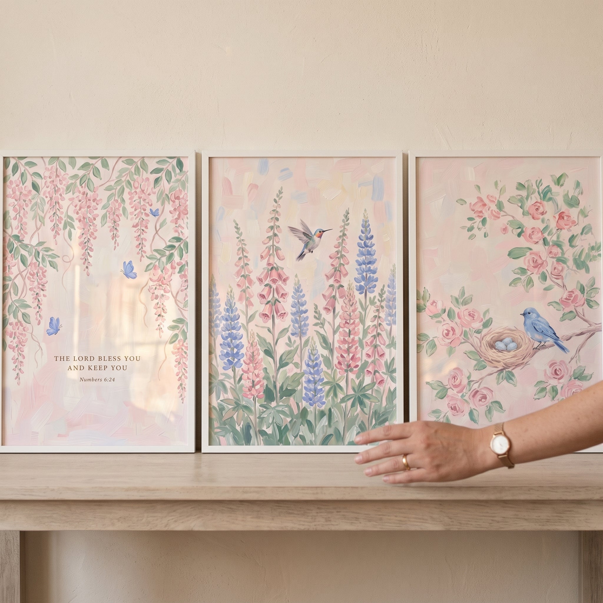 Whimsical Pastel Spring Garden Wall Art Set of 3 - Sacred Garden Trio