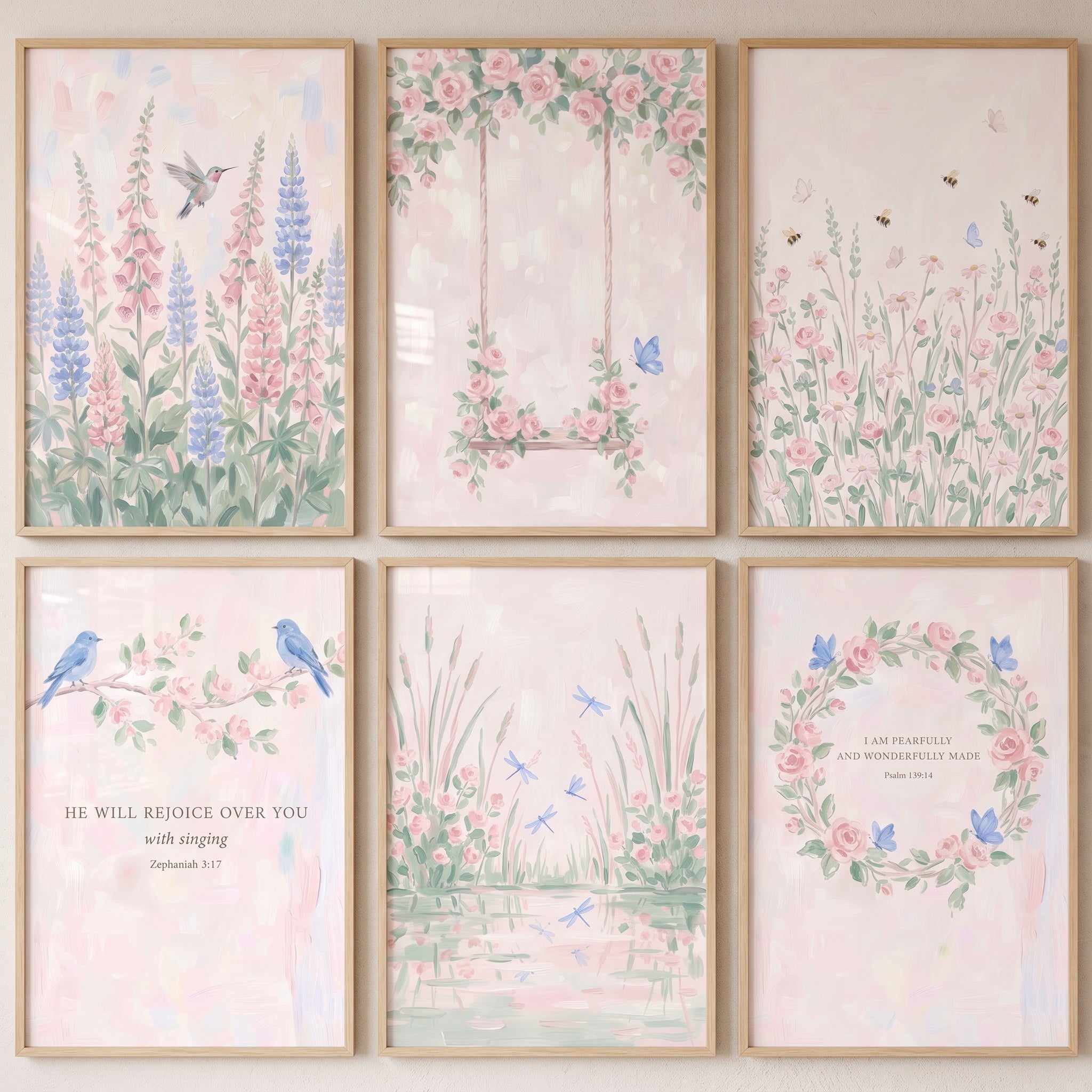 Whimsical Pastel Watercolor Garden Artwork Set of 6 - Pastel Garden Grace