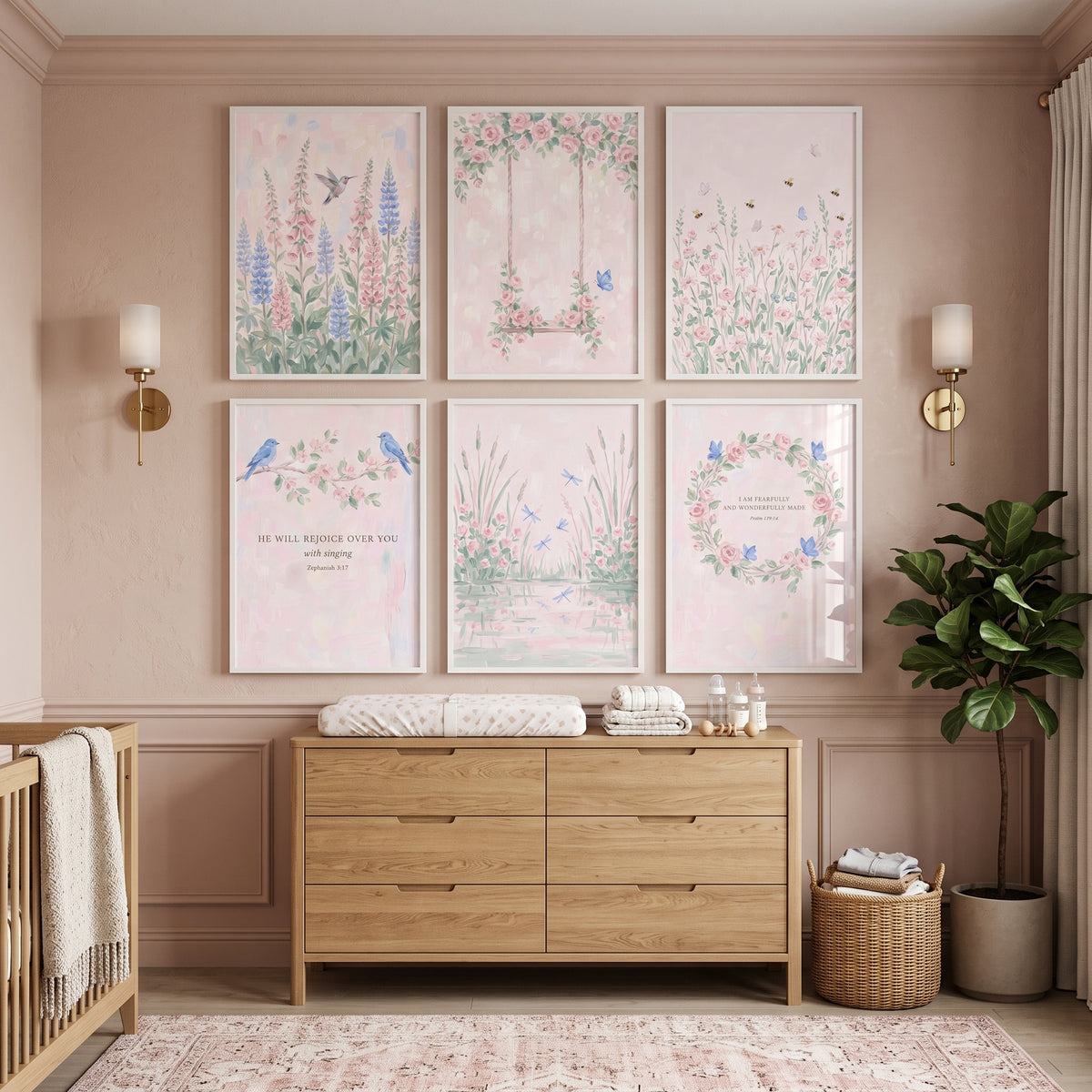 Whimsical Pastel Watercolor Garden Artwork Set of 6 - Pastel Garden Grace