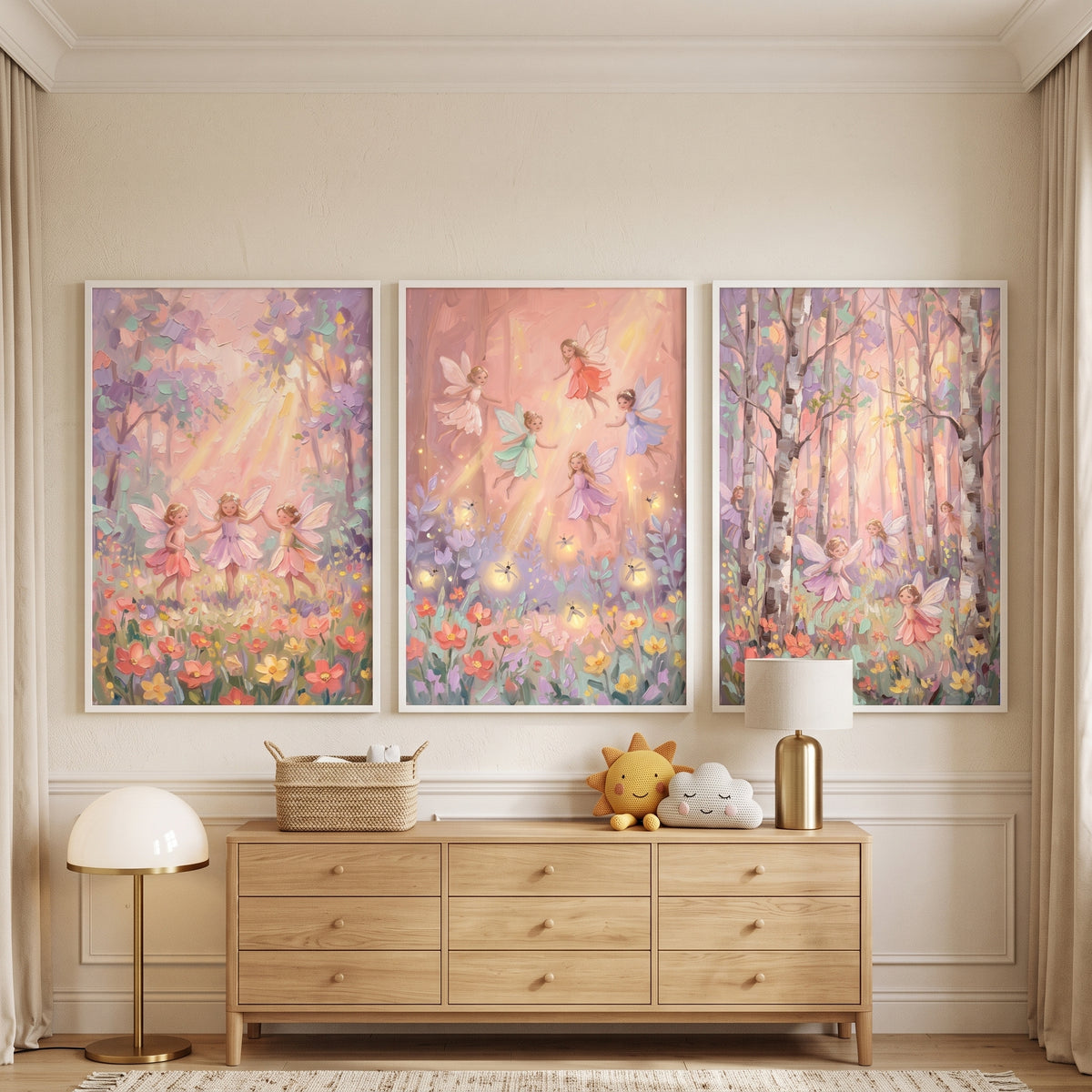 Whimsical Pastel Winged Fairy Wall Art Set of 3 - Pastel Pixie Woods
