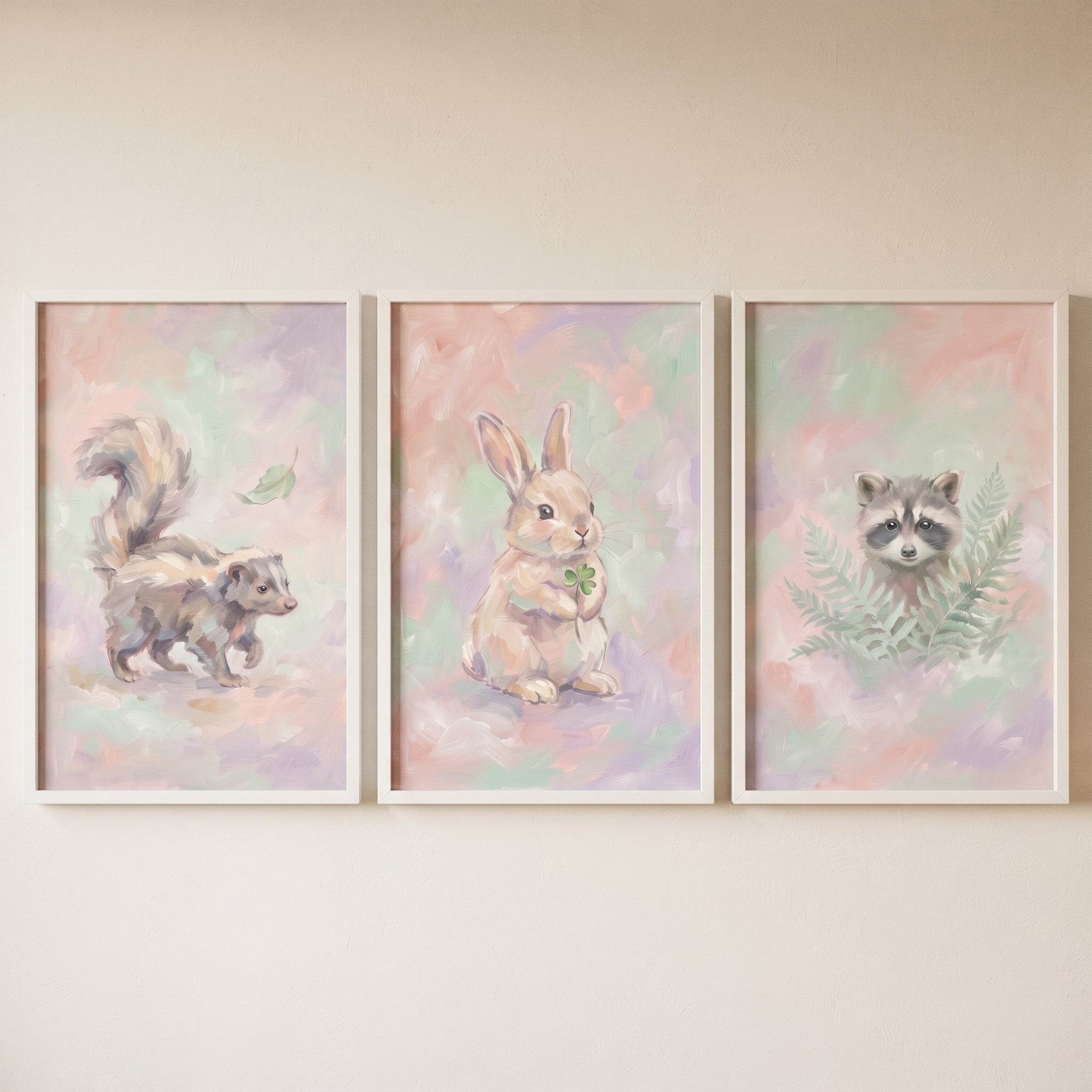 Whimsical Pastel Woodland Animal Wall Art Set of 3 - Whimsical Woodland Trio