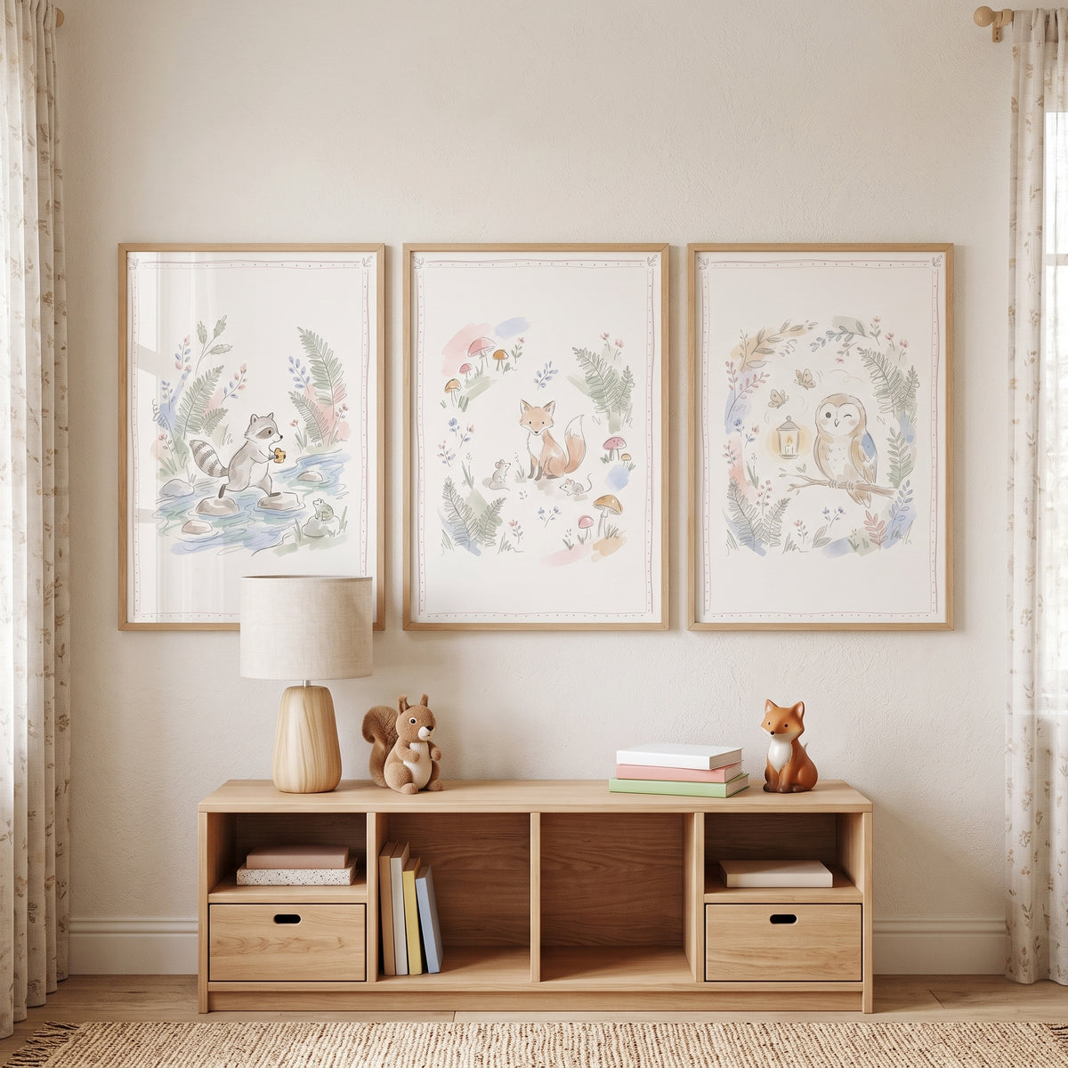 Whimsical Pastel Woodland Animals Wall Art Set of 3 - Woodland Friends Trio