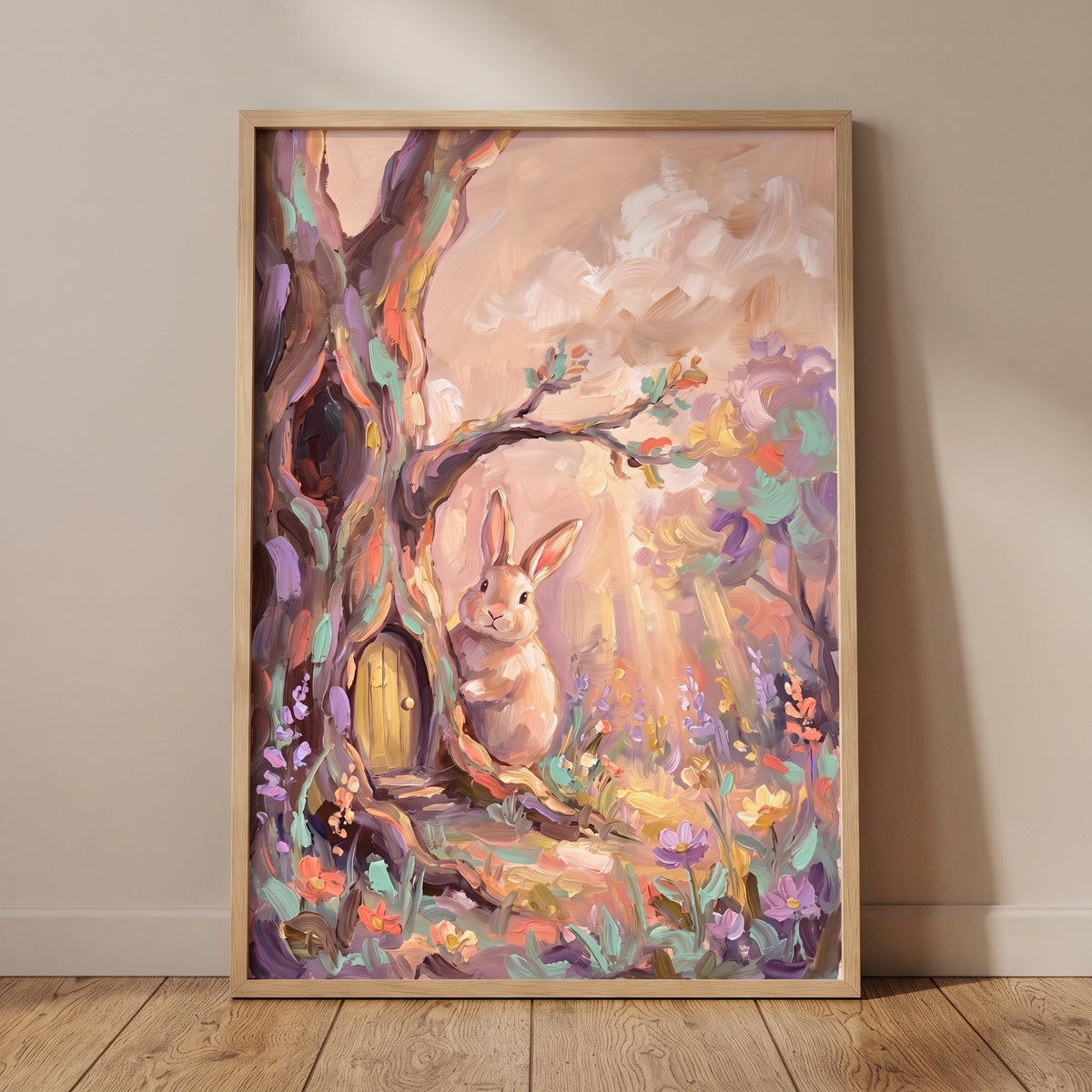 Whimsical pastel woodland bunny wall art featuring a rabbit beside a tiny tree door in a sunlit colorful floral forest.