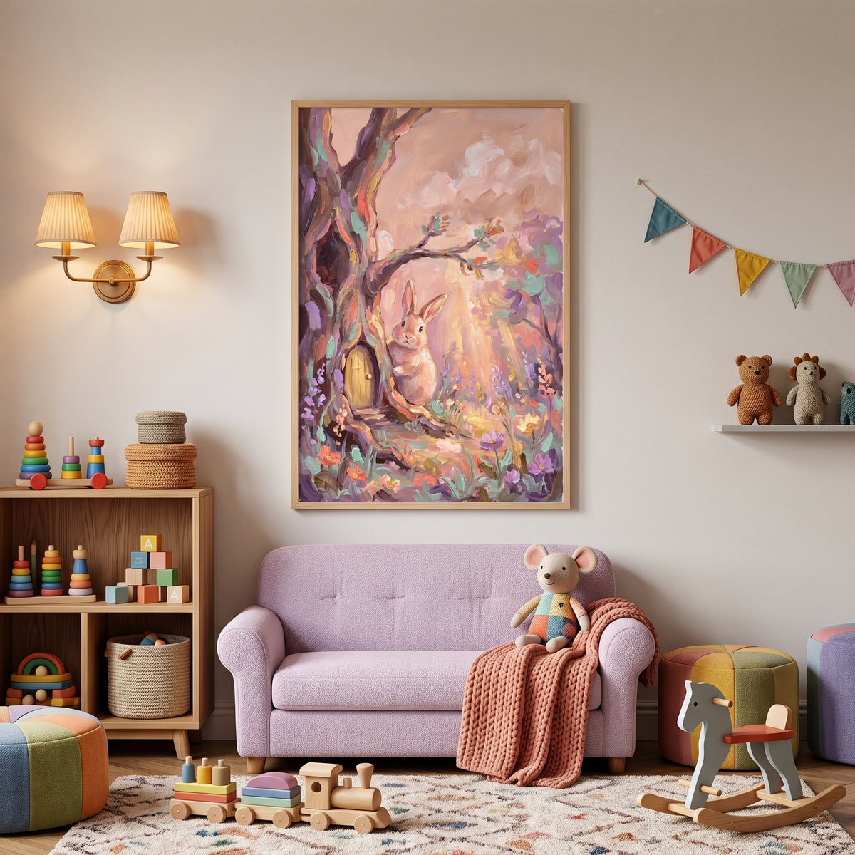 Whimsical Pastel Woodland Bunny Wall Art - Pastel Bunny Hollow