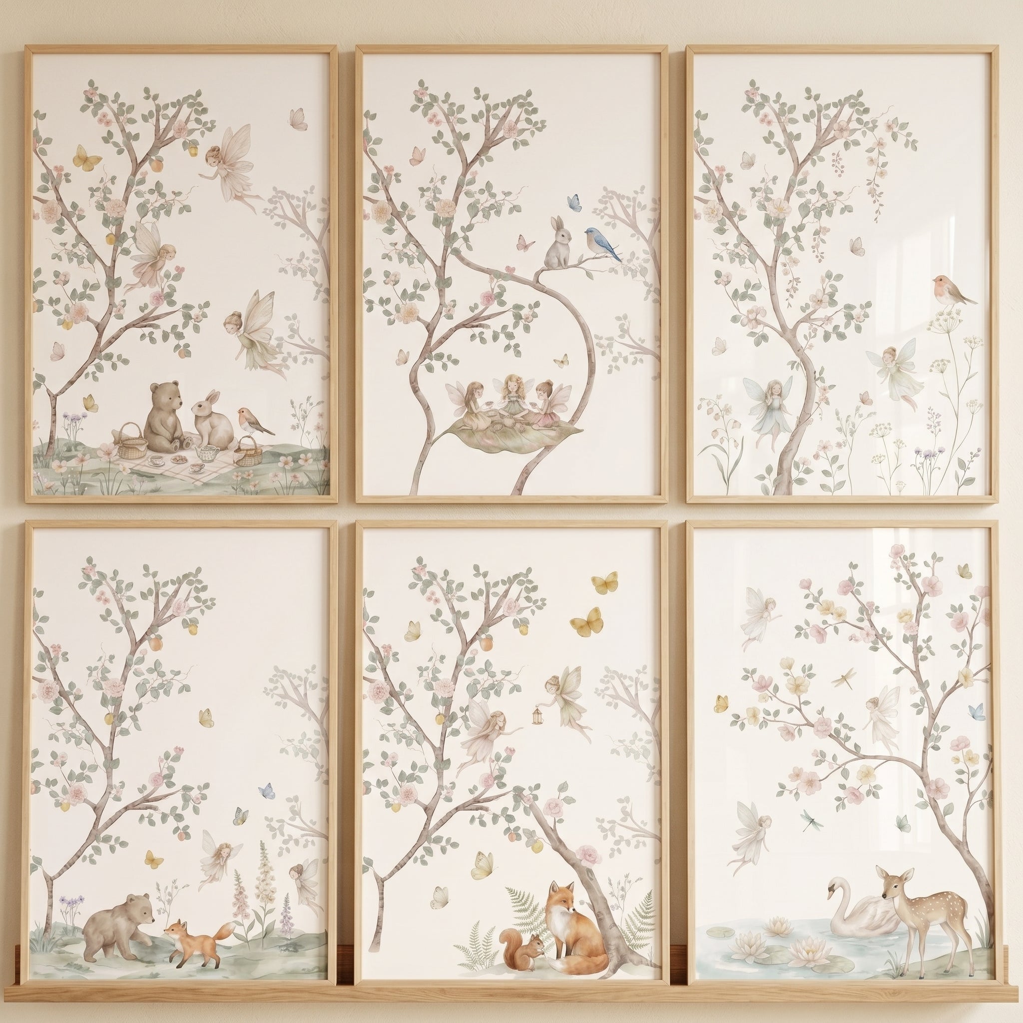Whimsical Pastel Woodland Fairies Wall Art Set of 6 - Enchanted Fairy Woods