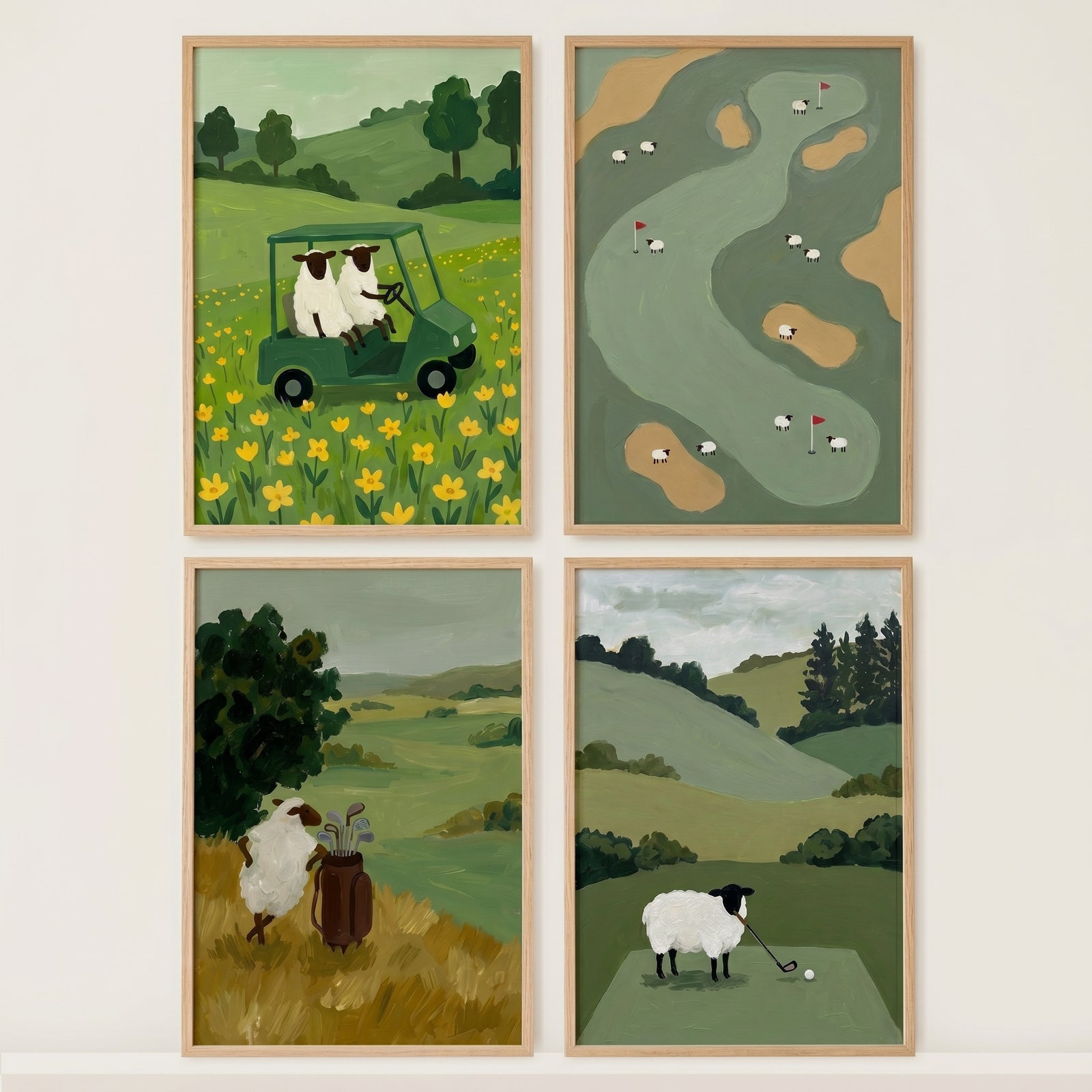 Whimsical pastoral golfing sheep wall art set of 4 shows sheep in a golf cart, on the green, and with golf bags.