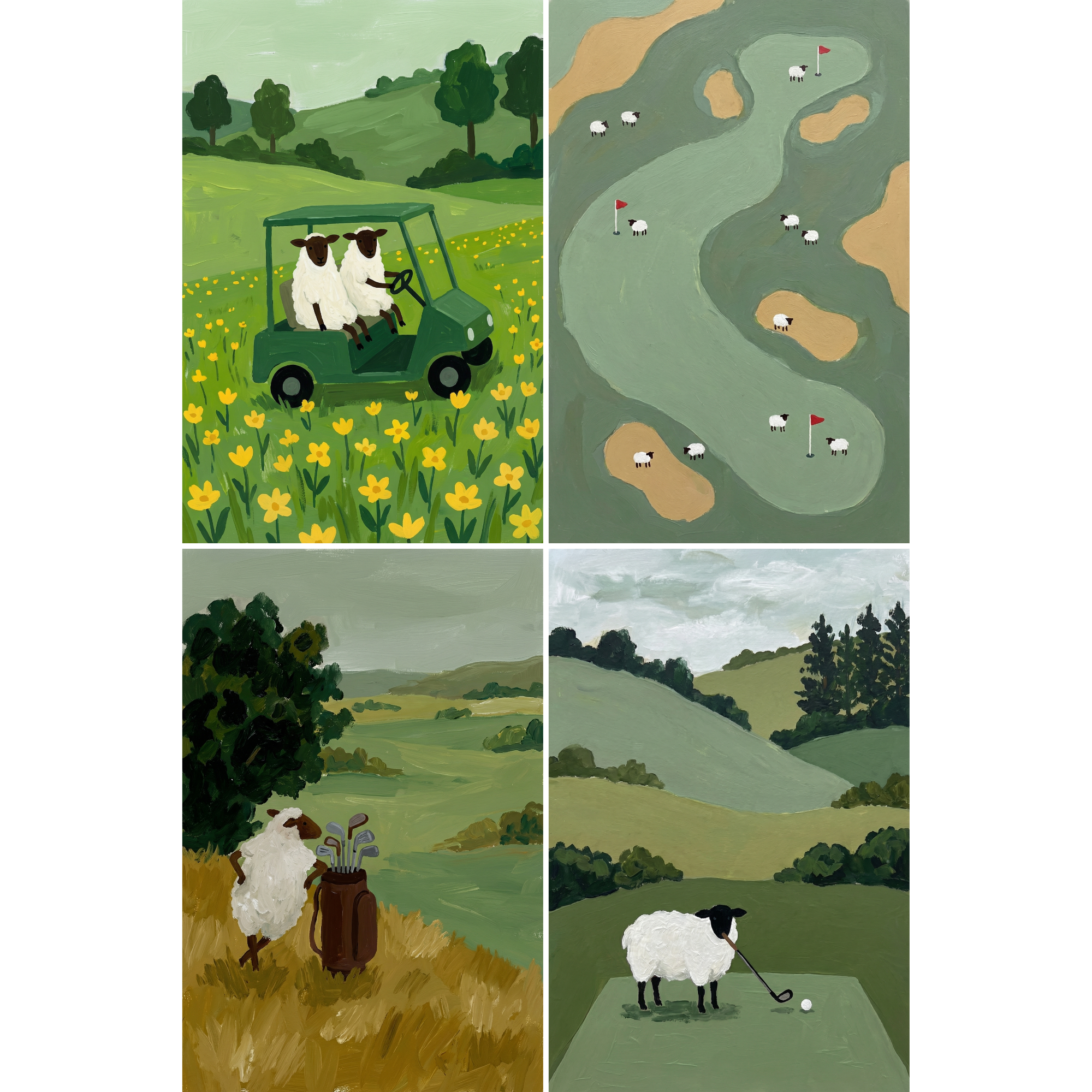 Whimsical Pastoral Golfing Sheep Wall Art Set of 4 - Wooly Fairways